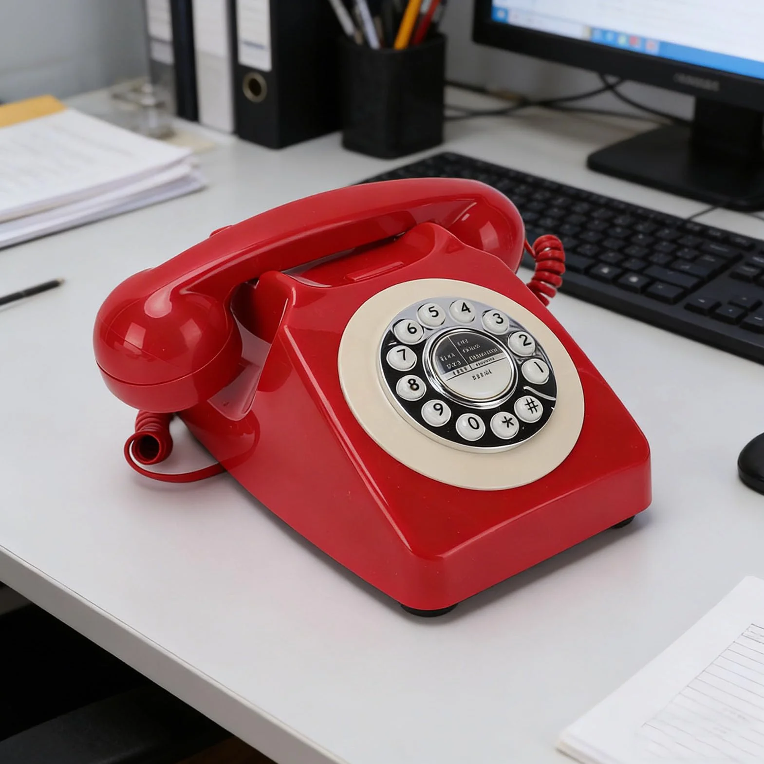 Denash Przewodowy Telefon Stacjonarny w Stylu Retro, Klasyczny Telefon z Wybieraniem Typu Push Dial i funkcją Ponownego Wybierania Numeru, Zabytkowy Domowy do Biura i Deko (czerwony)