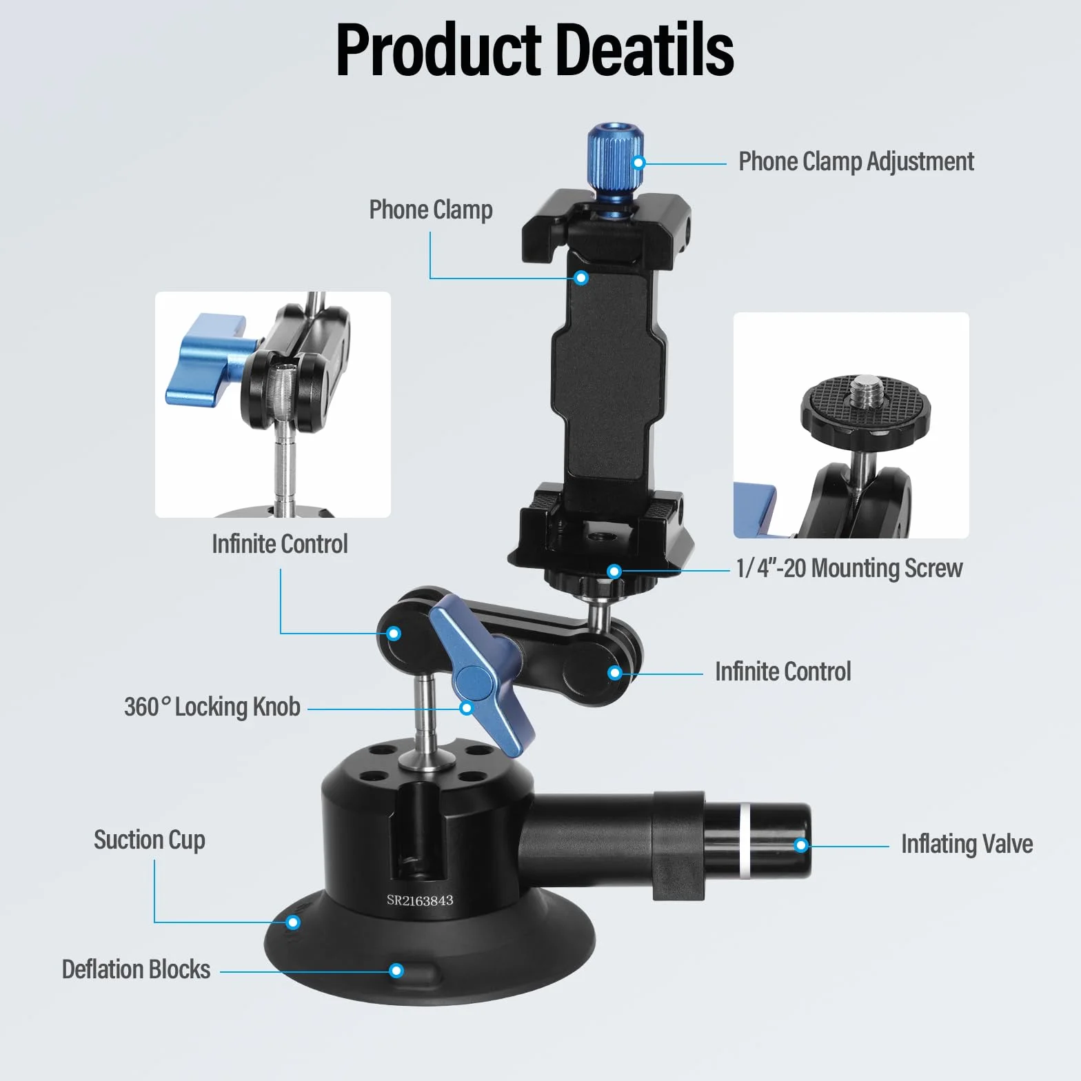 SIRUI Uchwyt na przyssawkę z Magic Arm Kit, Magnetic Suction Cup Mount do Gopro, aluminium, obracany o 360°, przednia szyba samochodowa, deska rozdzielcza do kamer sportowych