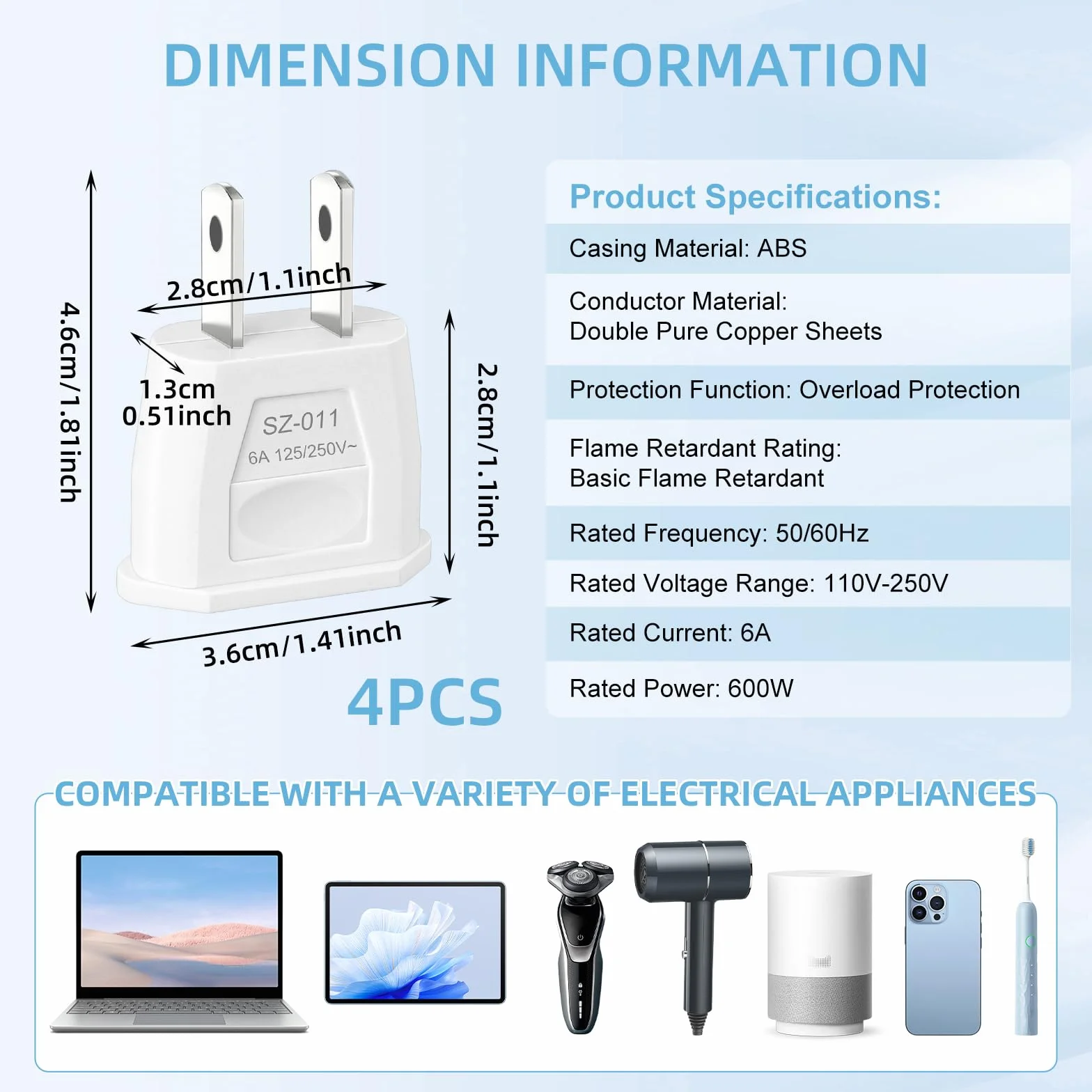 4 adapterów podróżnych, adapter UE na USA, wtyczka podróżna dla USA, Chiny, Kolumbia, Japonia, Kanada, Meksyk
