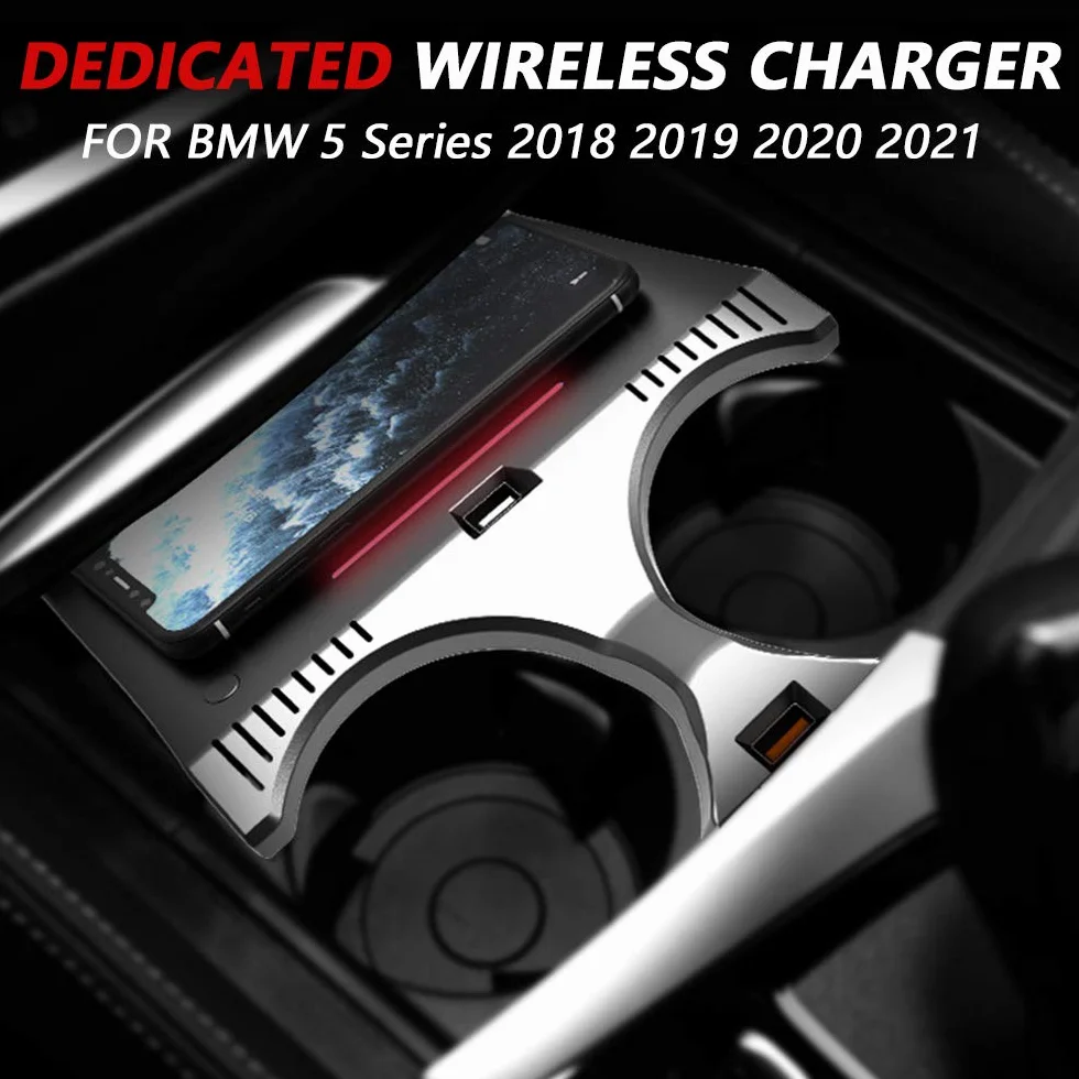 Bezprzewodowa ładowarka samochodowa do BMW serii 5 2018 2019 2020 2021 panel akcesoriów konsoli środkowej, 15 W Qi szybka ładowarka do telefonu z QC3.0 USB do iPhone 12/11/XS/X/8 Samsung