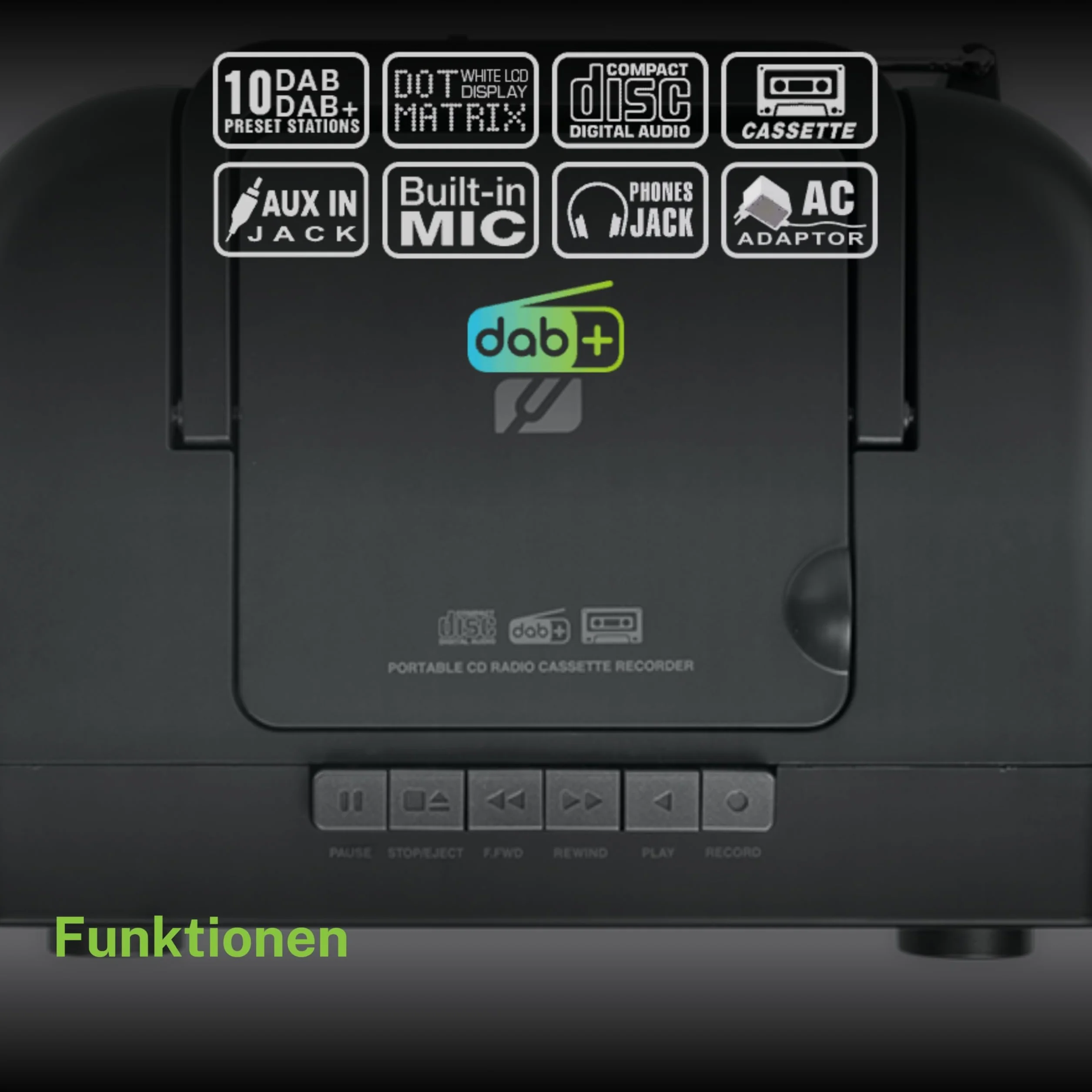 MUSE Przenośne radio DAB+ z odtwarzaczem CD Bluetooth, odtwarzacz kasetowy, UKW, wejście słuchawkowe, AUX-In, wyświetlacz LCD, strumieniowe przesyłanie muzyki, czarne (M-182DB)
