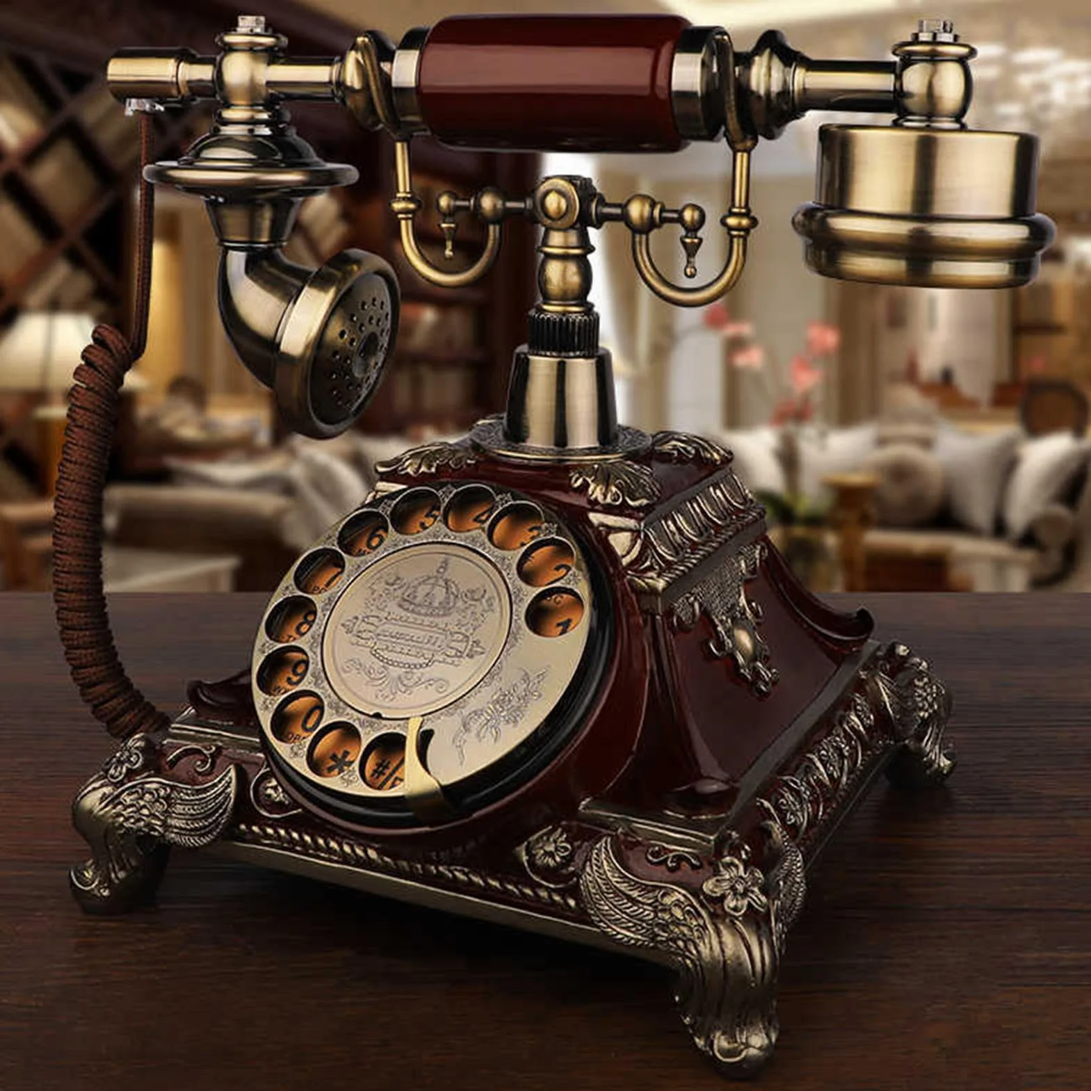 HJMMWT Telefon w stylu retro do telefonu stacjonarnego, biurko w stylu vintage z lat 60., zabytkowy telefon przewodowy ze wskazówkami ponownego wybierania-dzwonek mechaniczny
