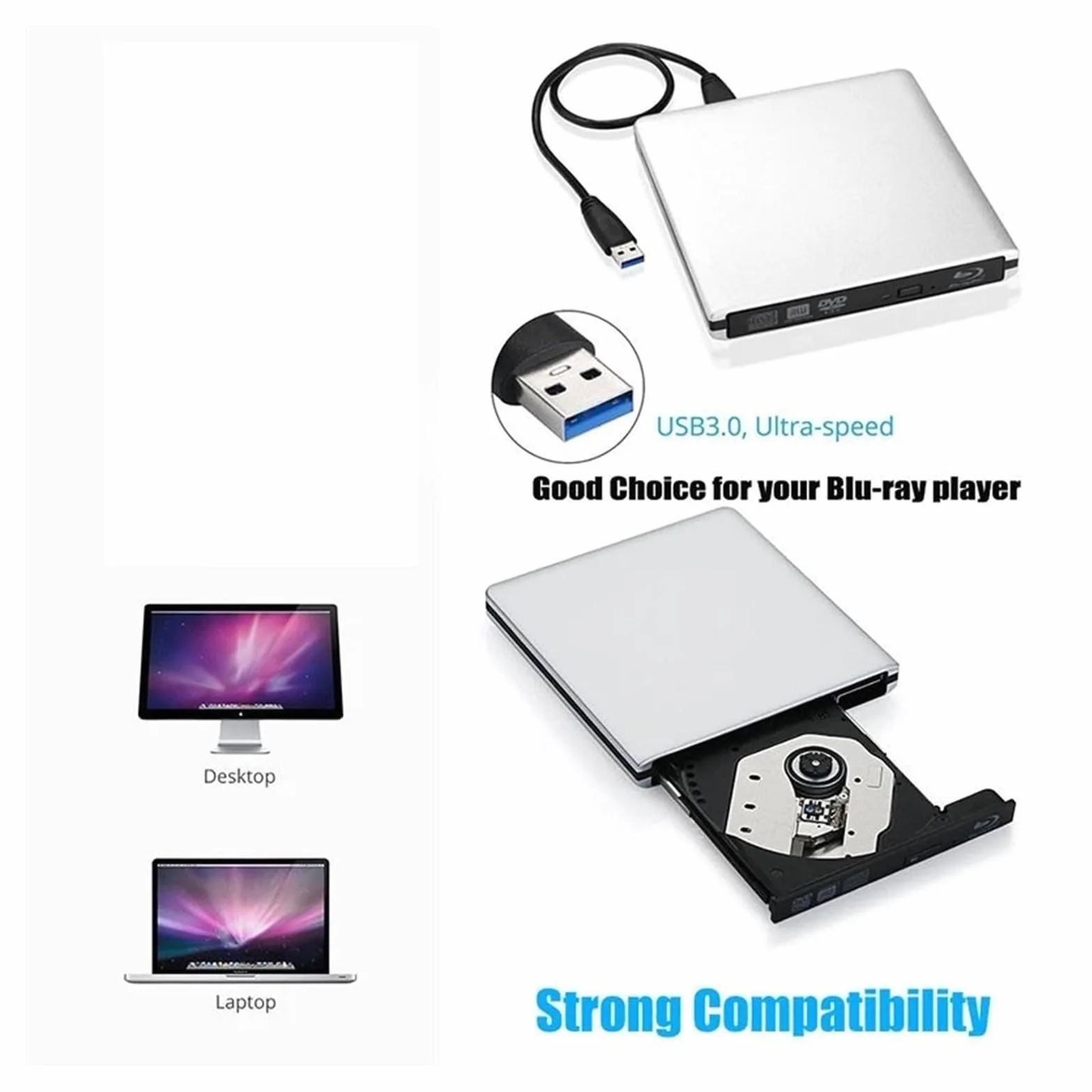 Ultracienki zewnętrzny napęd optyczny z nagrywaniem płyt Blu-Ray 4K, USB 3.0, odtwarzaniem DVD i odczytem/zapisywaniem filmów Blu-Ray 3D