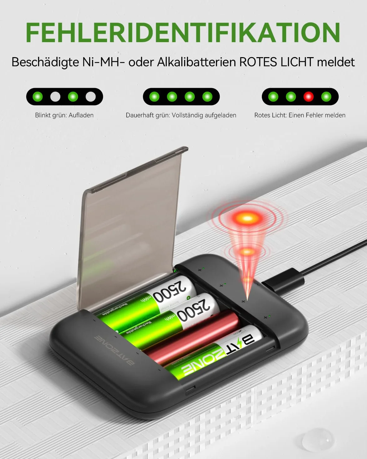 BATZONE Baterie litowo-jonowe AA 4-pak z ładowarką, 2500 mAh Wysoka pojemność 1,5 V baterie AA