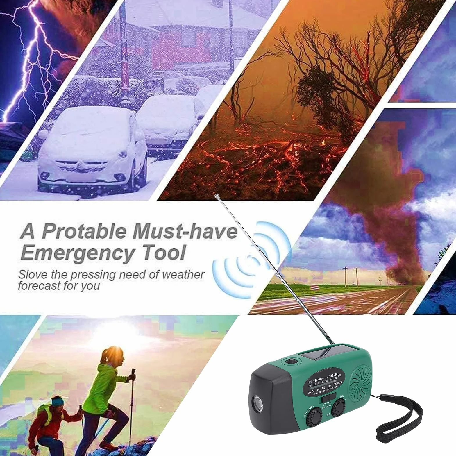 Radio Awaryjne z korbką ręczną Zasilane energią słoneczną, Radio z korbką ręczną i latarką LED do zastosowań Awaryjnych z ładowarką do Telefonu Power Bank o Pojemności 2000 MAh, (GREEN)