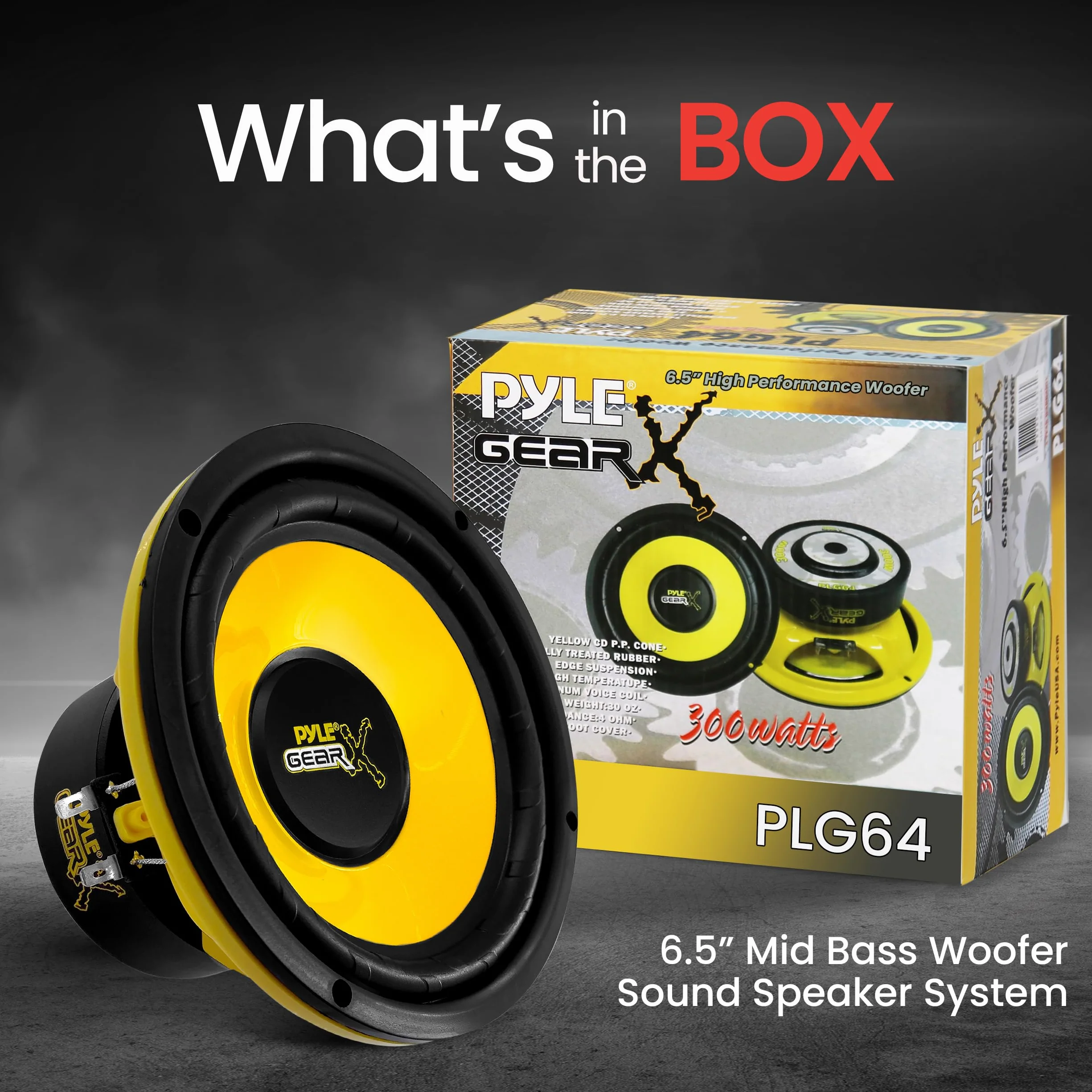 Pyle Subwoofer samochodowy 16,5 cm - moc szczytowa 300 W, subwoofer samochodowy, impedancja 4 Ohm i częstotliwość przenoszenia 60-20 kHz dla elementu samochodowego stereo - czarny/żółty