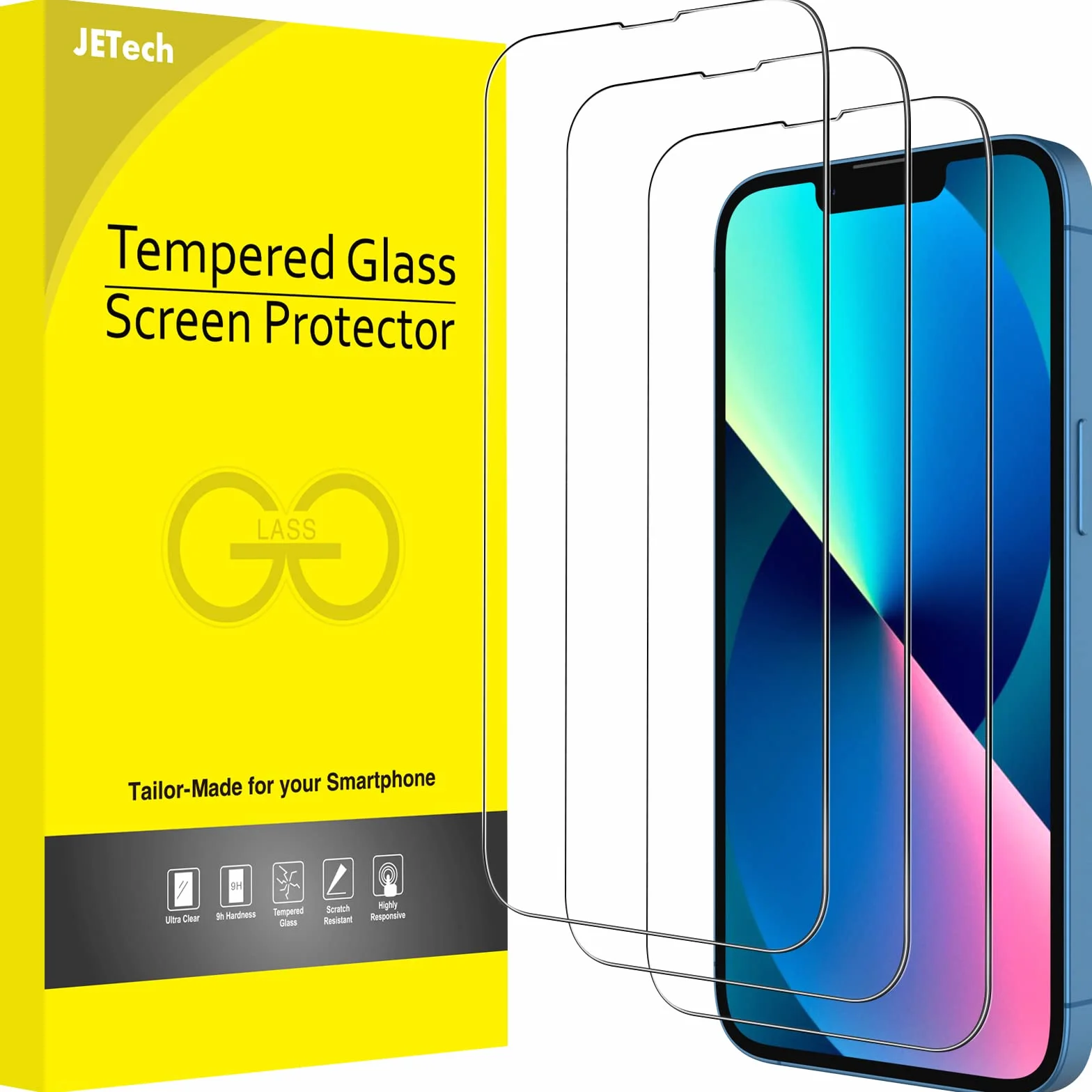 JETech Pełny Pokrycie Ochraniacz Ekranu dla iPhone 17e (2026) / iPhone 16e / iPhone 13/13 Pro, Screen Protector 9H Szkło Hartowane Film Folia, HD Przezroczyste, 6,1 Cala Wyświetlacz, 3 Sztuki