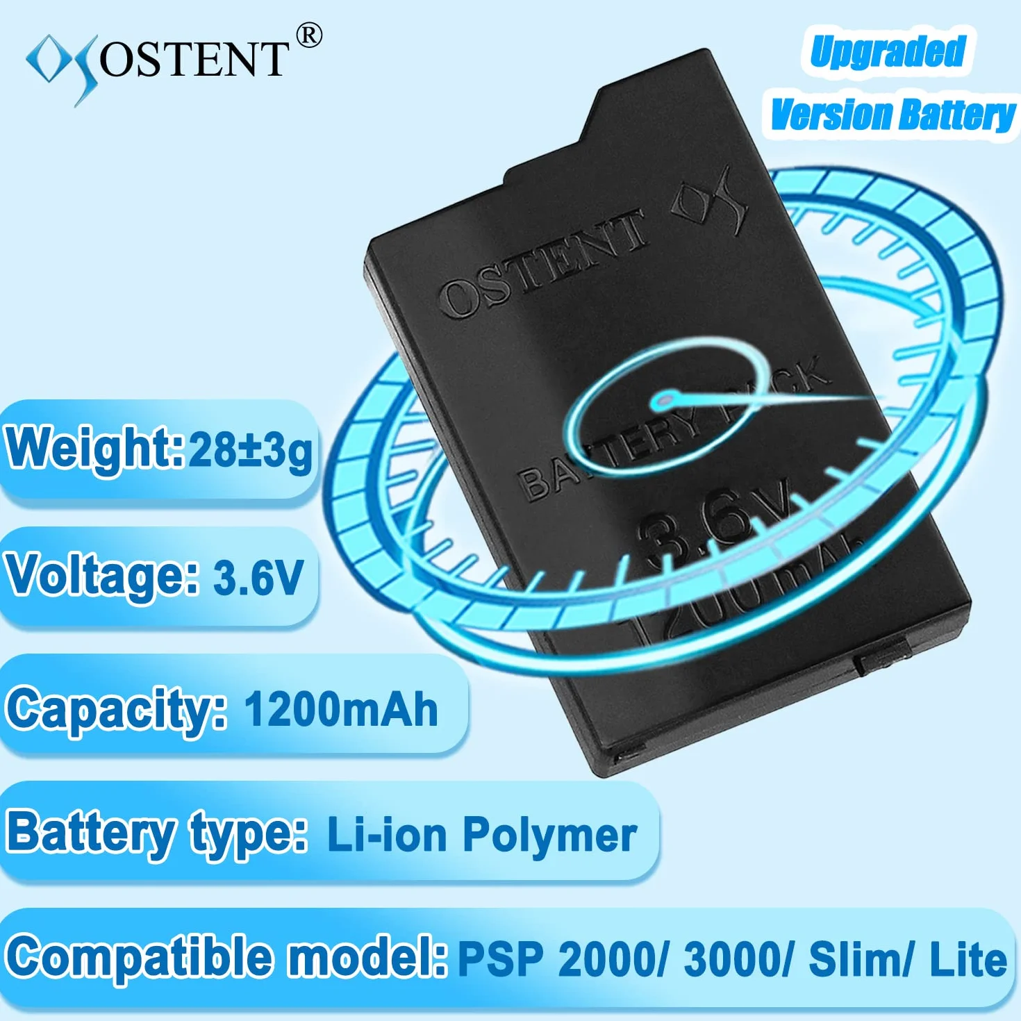 OSTENT Wymiana akumulatora litowo-jonowego 1200mAh 3,6V dla Sony PSP 2000/3000 PSP-S110