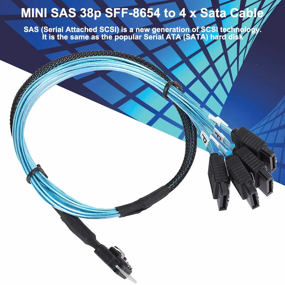 Kabel do Transmisji Danych MINI SAS, Kabel SFF-8654 do 4Xsata, kompatybilność Interfejsu SAS 38P SFF-8654 z Dyskami SATA do Serwera, Dysku Twardego, Komputera, Hosta