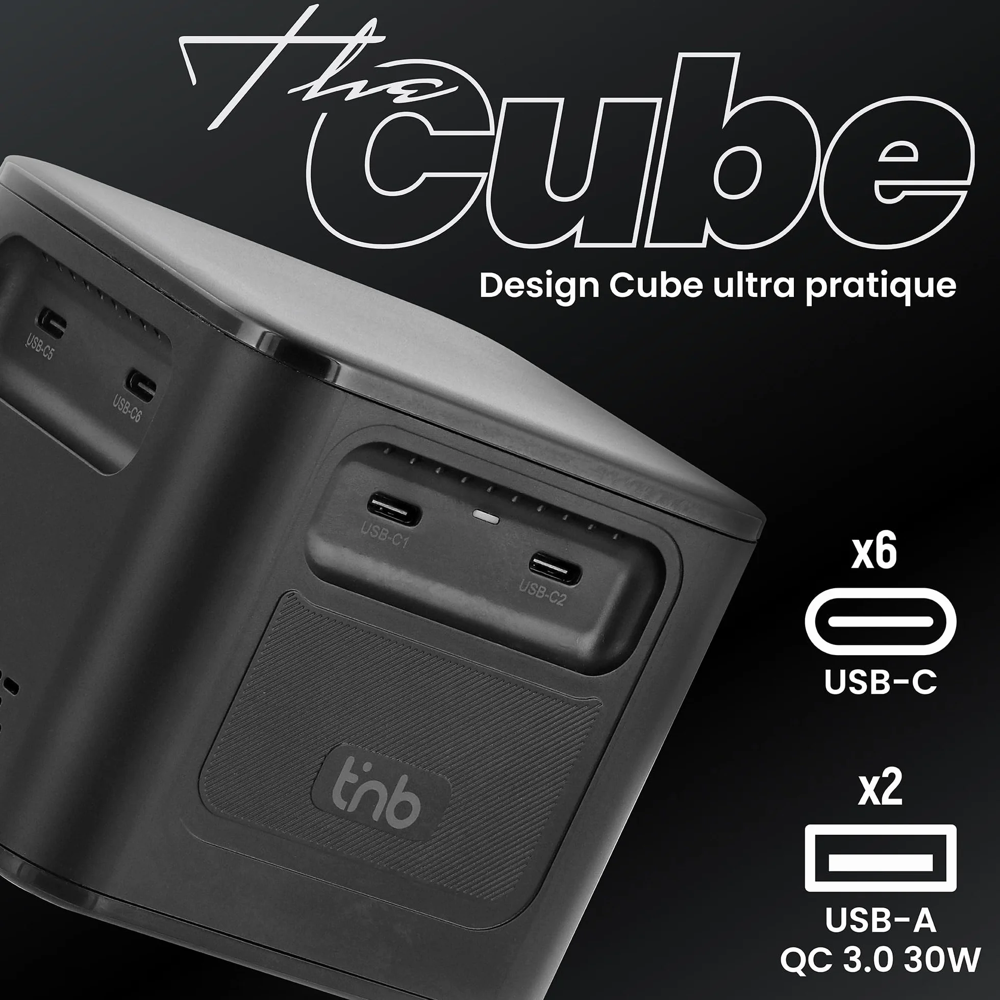 T'nB - Stacja ładująca z 8 portami ładującymi, technologią PD 3.1, 380W, 6 portów USB-C i 2 portami USB-A, kompaktowy format - czarny