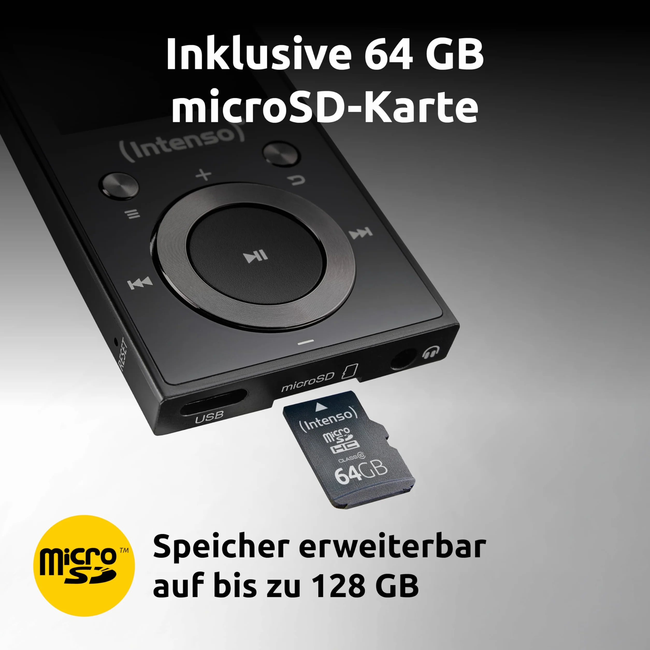 Intenso Video Scooter BT odtwarzacz MP3 z Bluetooth 5.0, kolorowy wyświetlacz 1,8", 64 GB microSD, USB-C, akumulator do 18 h, w zestawie słuchawki, czarny