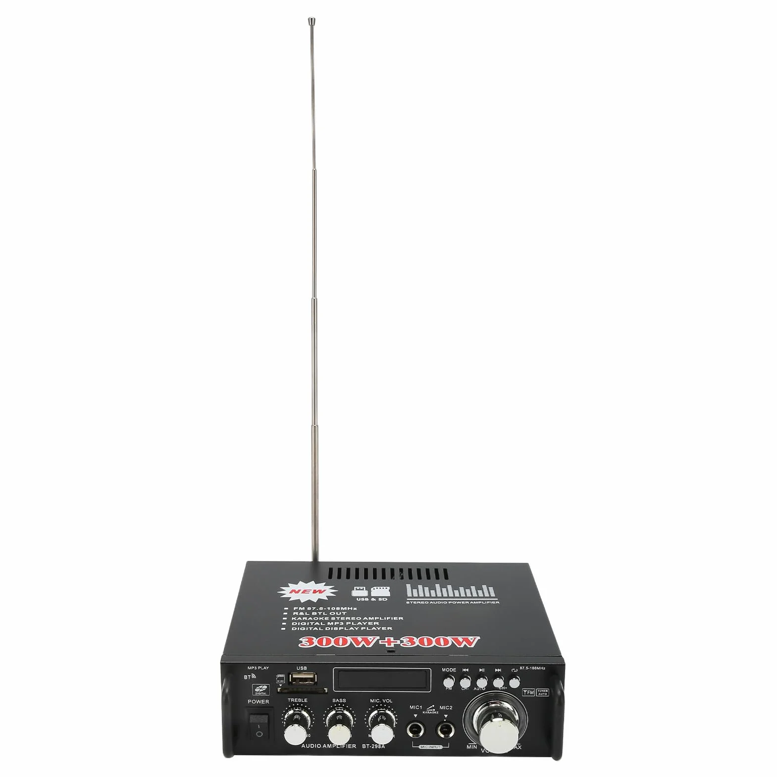 Wzmacniacz Mocy, 300W 300W Dobra jakość Dźwięku Stabilny Łatwe Podłączenie Wzmacniacz Stereo Bluetooth z Portem Karty Pamięci USB do Głośników Domowych (Wtyczka UE 220 V)