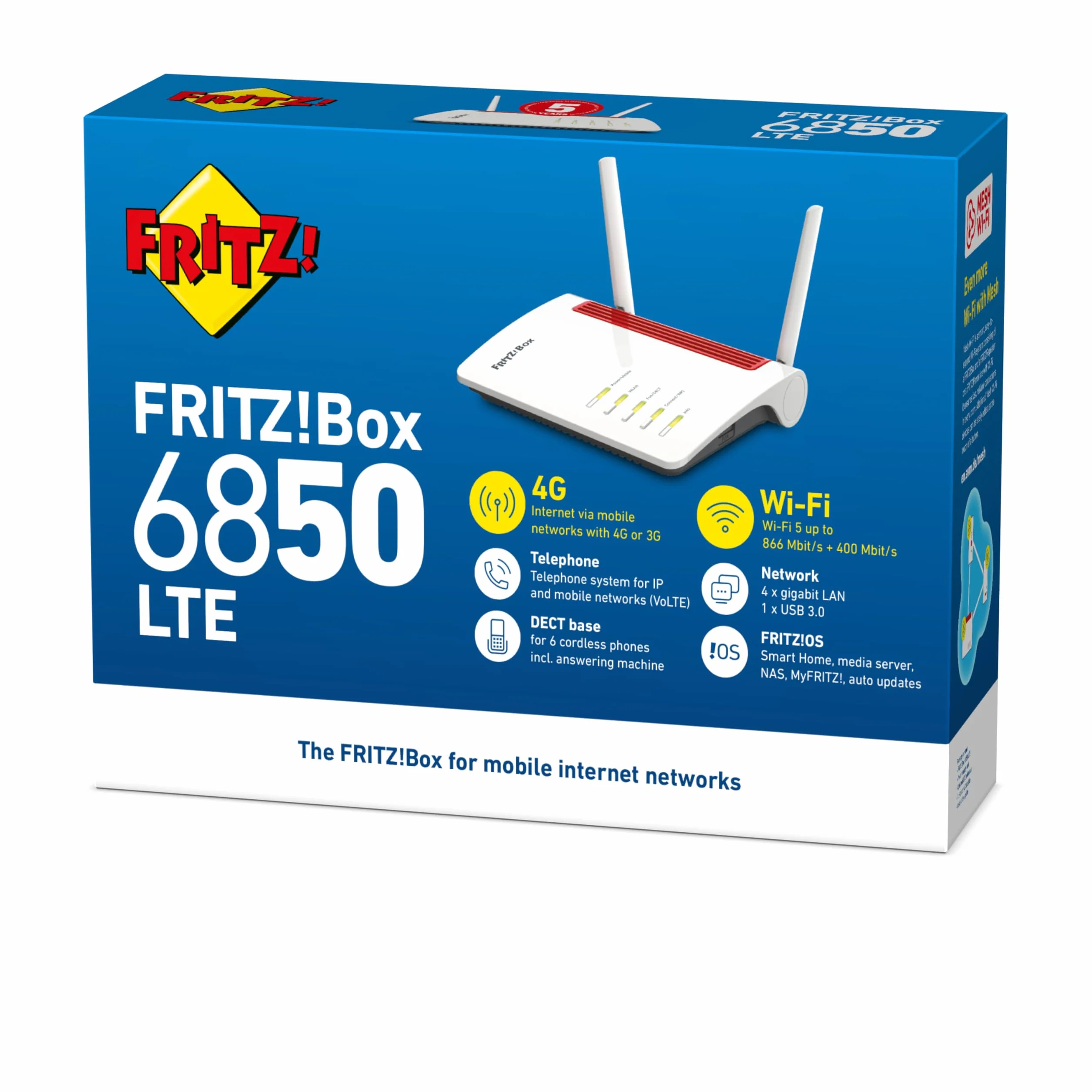 AVM FRITZ!Box 6850 międzynarodowy (modem LTE, Wi-Fi AC+N do 866 Mb/s (5 GHz) i 400 Mb/s (2,4 GHz), 4 x Gigabit LAN, 1x USB 3.0)