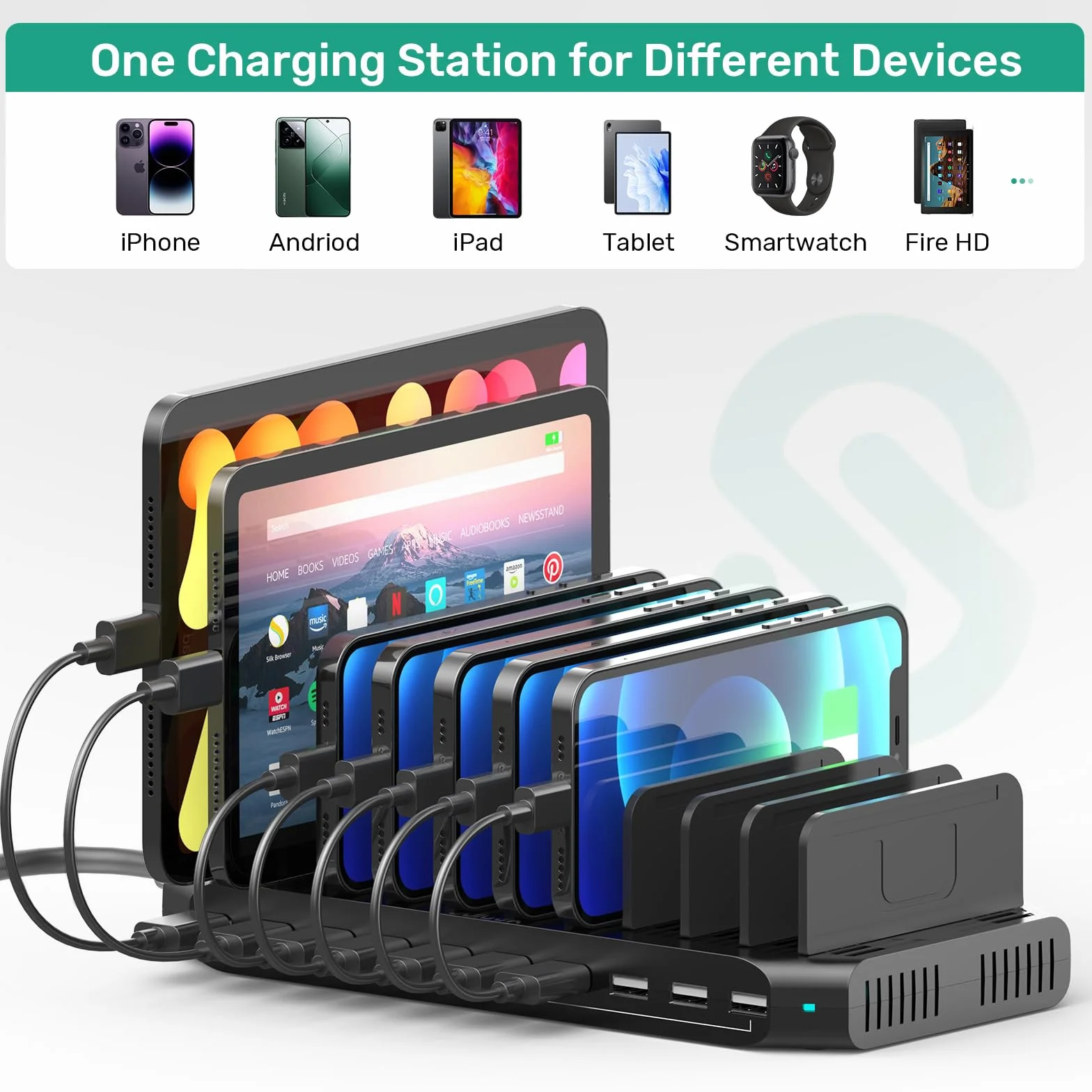 SUIDEK 10-portowa stacja ładująca, ładowarka USB 60 W do wielu urządzeń z regulowanymi ściankami działowymi, kompatybilna z tabletami, smartfonami