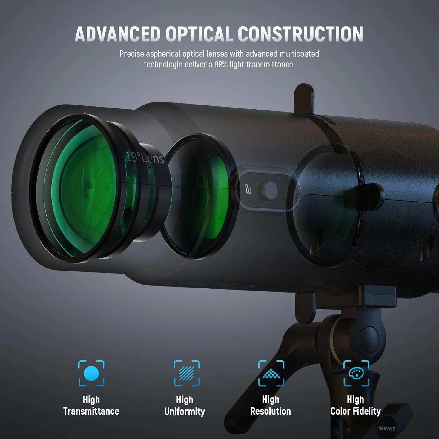 NEEWER LS-300 Reflektor optyczny Snoot do lamp wideo LED o mocy 300 W z obiektywem projekcyjnym 16x Gobo 19° 98% przepuszczalności światła, geometryczny modelujący do kreatywnej fotografii i