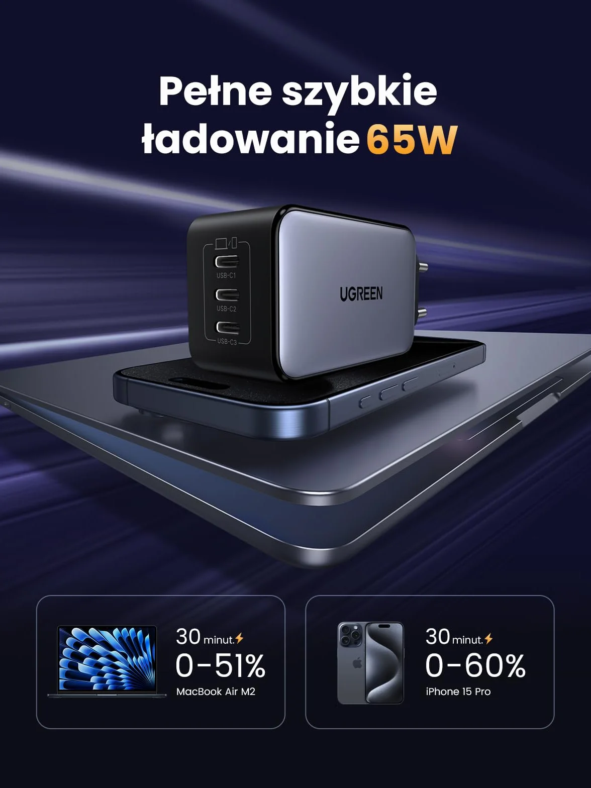 UGREEN Nexode Ładowarka 65 W USB-C z 3 portami USB-C, ładowarka do laptopa | Zasilacz GaN, kompaktowa szybka ładowarka PPS, kompatybilna z MacBookiem Pro, iPhone'em 17 Air, 16, Galaxy S25 Ultra