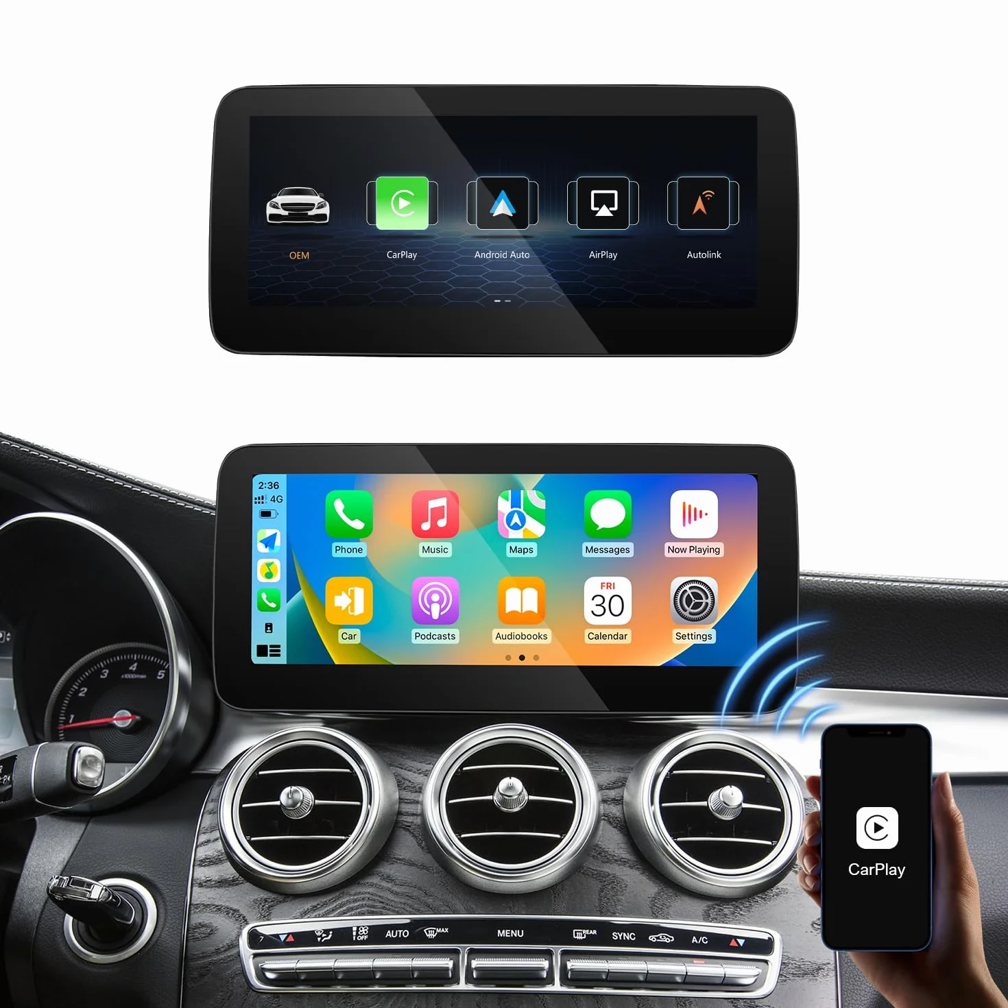 10,25" bezprzewodowy ekran dotykowy CarPlay i Android do samochodów Mercedes-Benz A/B/GLA/CLA/G klasy (W176/W117/C117/W246/W463/X156) 2015-2019, kompatybilny z systemem NTG 5.0/5.1/5.2