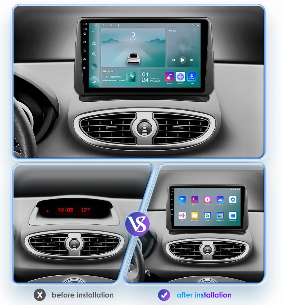 Ossuret Radio samochodowe do Renault Clio 3 (2005-2014), 9 cali Android 13 ekran dotykowy 2+32 GB GPS nawigacja z Carplay Android Auto WiFi Bluetooth sterowanie kierownicą DSP USB TPMS OBD2