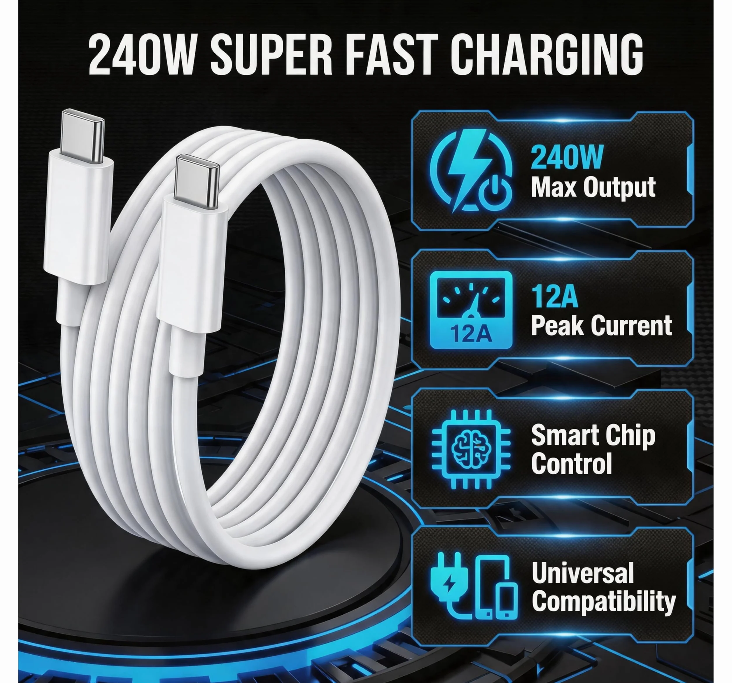 Kabel USB-C do USB-C 240W superszybkiego ładowania 100cm 12A SUPERVOOC kompatybilny z Realme GT5 / GT Neo 5 / GT Neo 3