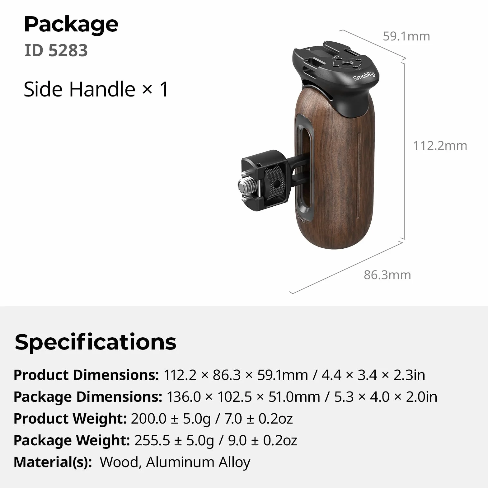 SMALLRIG Drewniany uchwyt boczny do klatek kamerowych ze śrubą ustalającą 2 w 1, ergonomiczny uchwyt po lewej lub prawej stronie, regulacja pionowa 29 mm / 1,14 cala, udźwig 15 kg / 33,1 funta - 5238