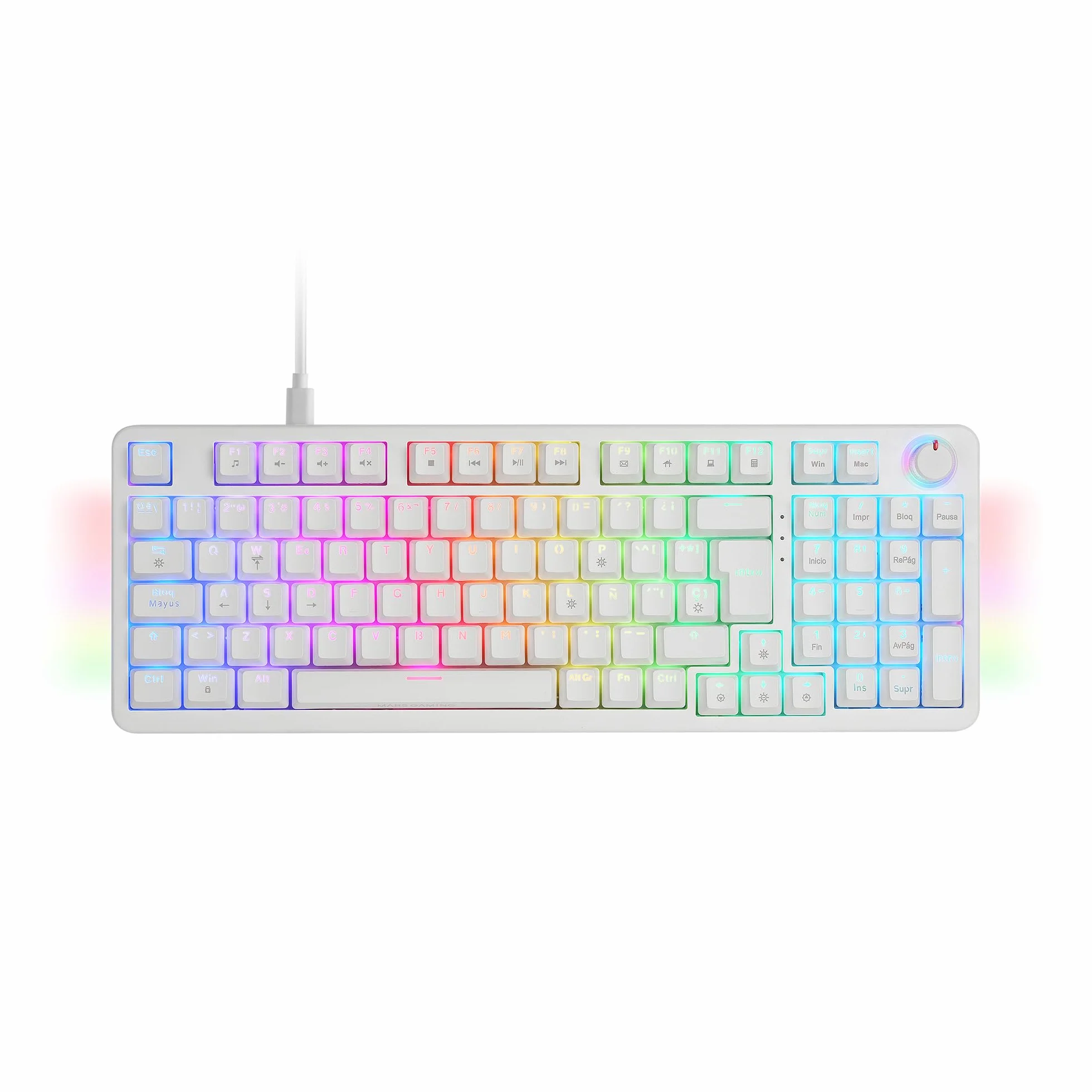 MARS GAMING MKPRO, Pełnowymiarowa Mechaniczna Klawiatura Gaming, RGB Chroma, Switches Mechaniczne Hot-Swap, Antighosting, Pokrętło Sterujące, Wieloplatformowa, Silent Switch, Hiszpański, Biały