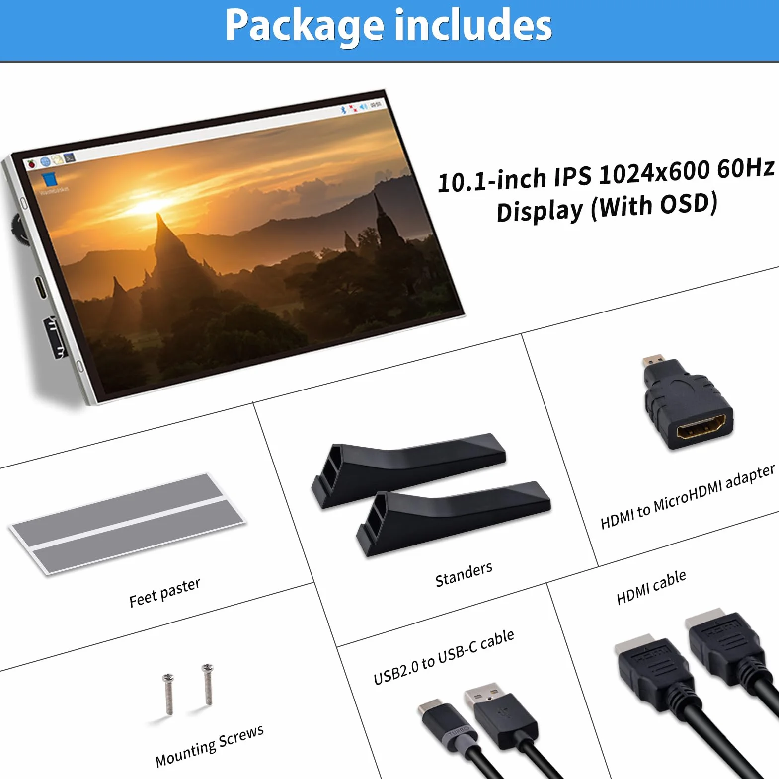 GeeekPi Ekran LCD 10,1 cala do Raspberry Pi, wyświetlacz LCD IPS 1024 x 600, przenośny monitor HDMI do Raspberry Pi 5/Pi 4B/3B+/3B/B+/Zero/400, Win11/10/8/7, bezpłatny sterownik (bezdotykowy)
