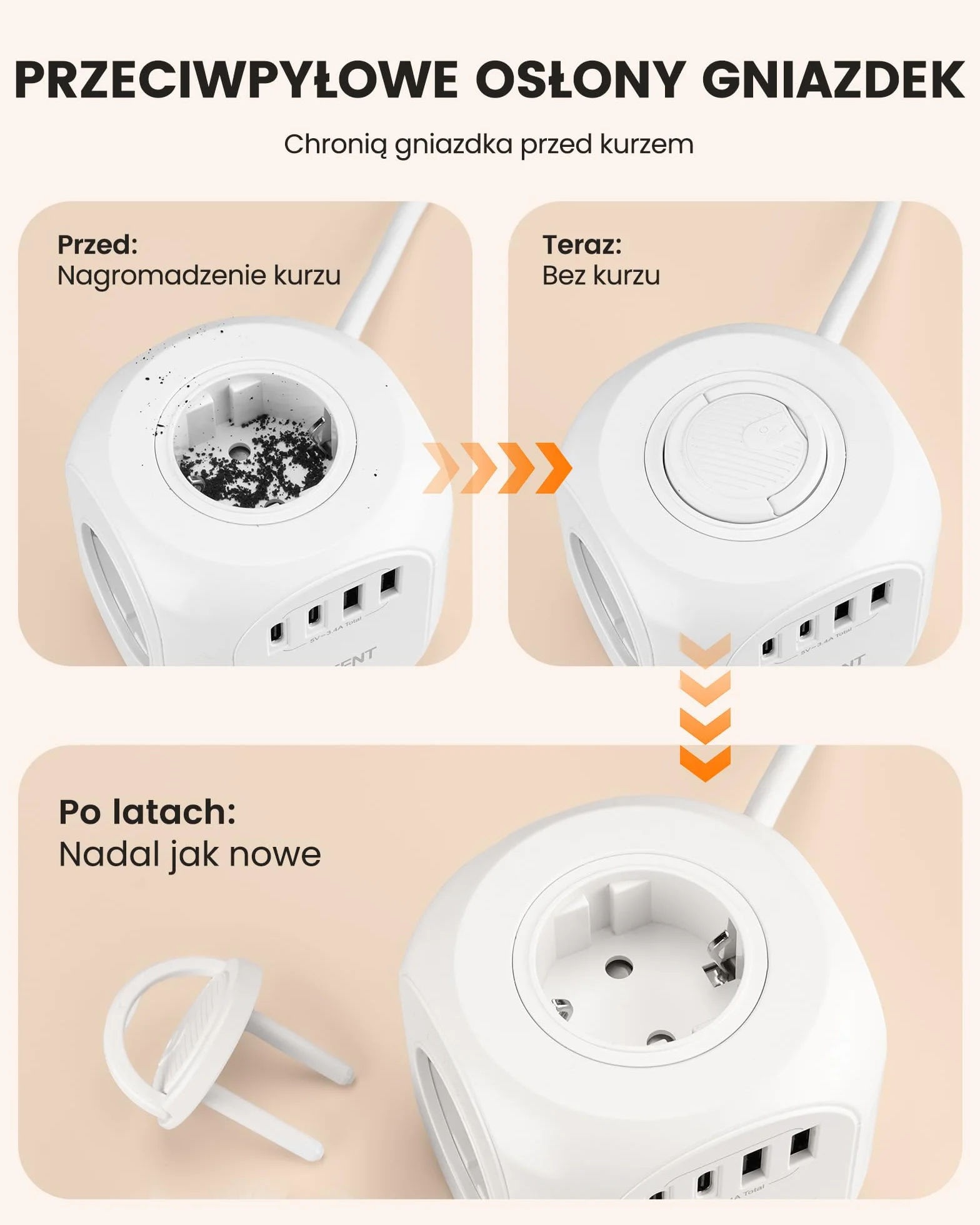LENCENT 10 Metry Listwa Zasilająca z Płaską Wtyczką, 4 Przegrody 8 w 1 | Listwa Zasilająca z 3 Gniazdami USB A + 1 Gniazdkiem Typu C, Adapter z Przełącznikiem 10 M Kable, Wtyczka Domowa, Typu C/E/F