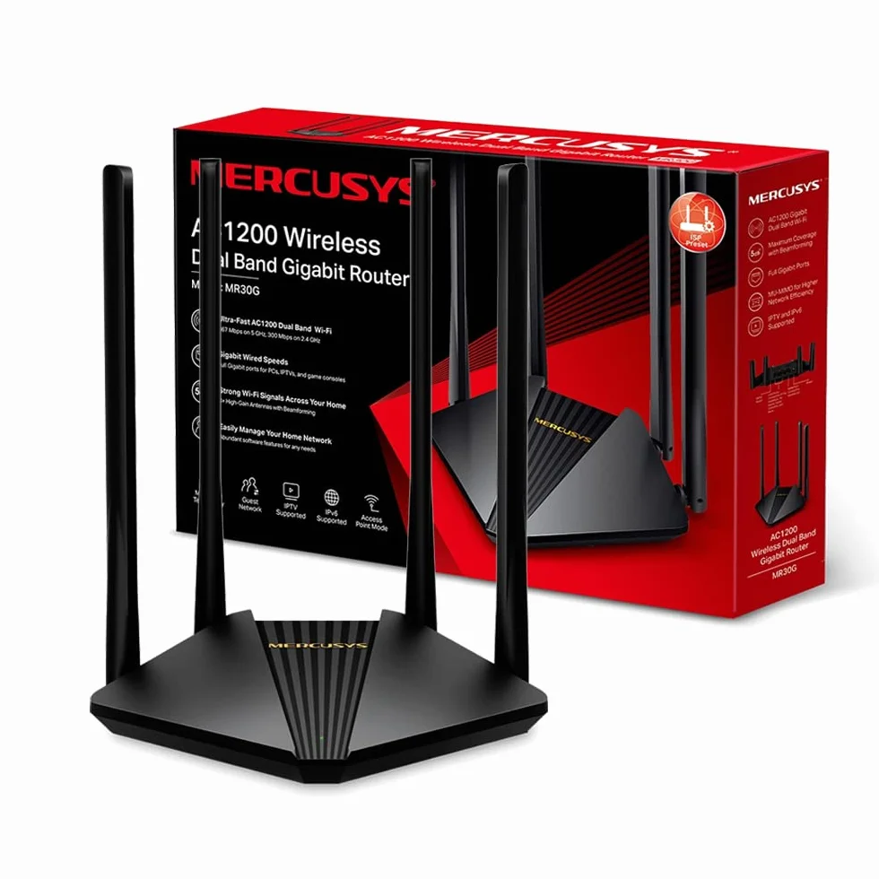TP-Link Mercusys MR30G dwuzakresowy bezprzewodowy router Ethernet Wi-Fi AC1200, port gigabitowy, MU-MIMO, obsługa IPTV, IPv6, 802.11ac, sieć gości, prosta instalacja, 4 anteny zewnętrzne 5dBi, WPS