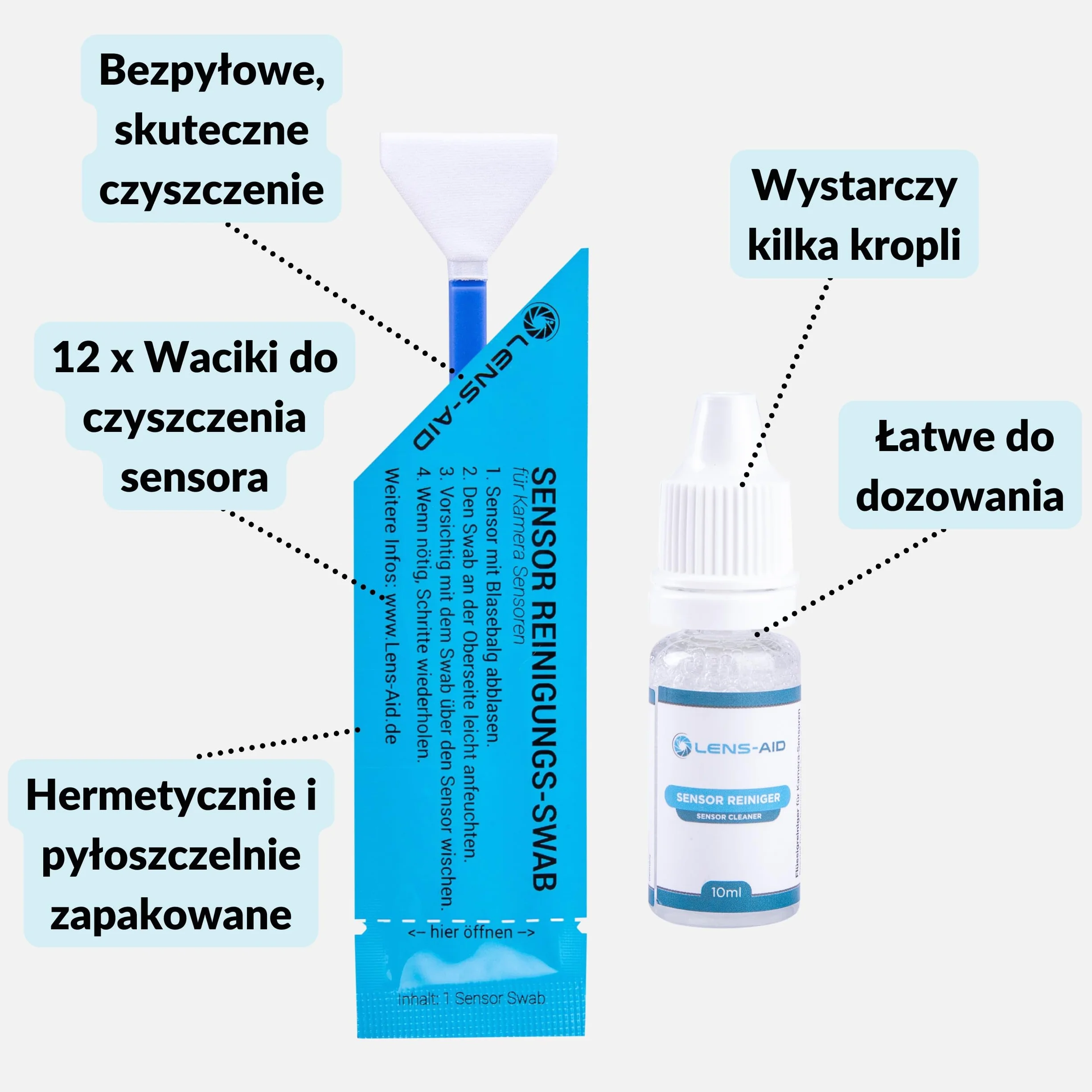 LENS-AID zestaw czyszczenia matrycy full frame 24 mm swaby | 12 swabów, płyn 10 ml, kompatybilny z Canon Sony Nikon Panasonic full frame