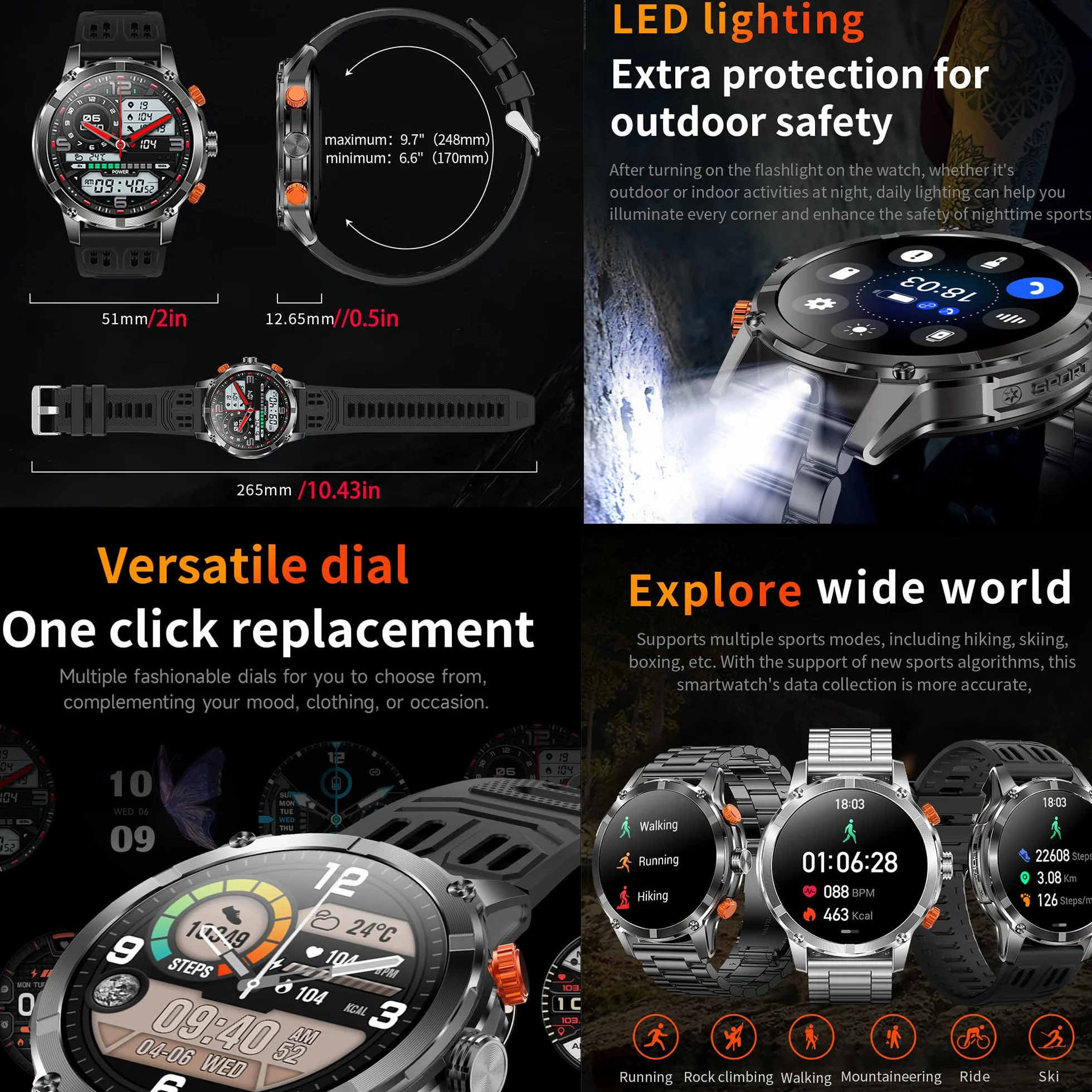 Smartwatche Mężczyzna z Funkcje Telefonu Bluetooth, Bateria 530 mAh, Sportowy Smartwatch 1,7" AMOLED ze 110+ trybami Sportowymi, Pomiarem Tętna, SpO2, Wodoodpornością dla Android iOS (srebrny)