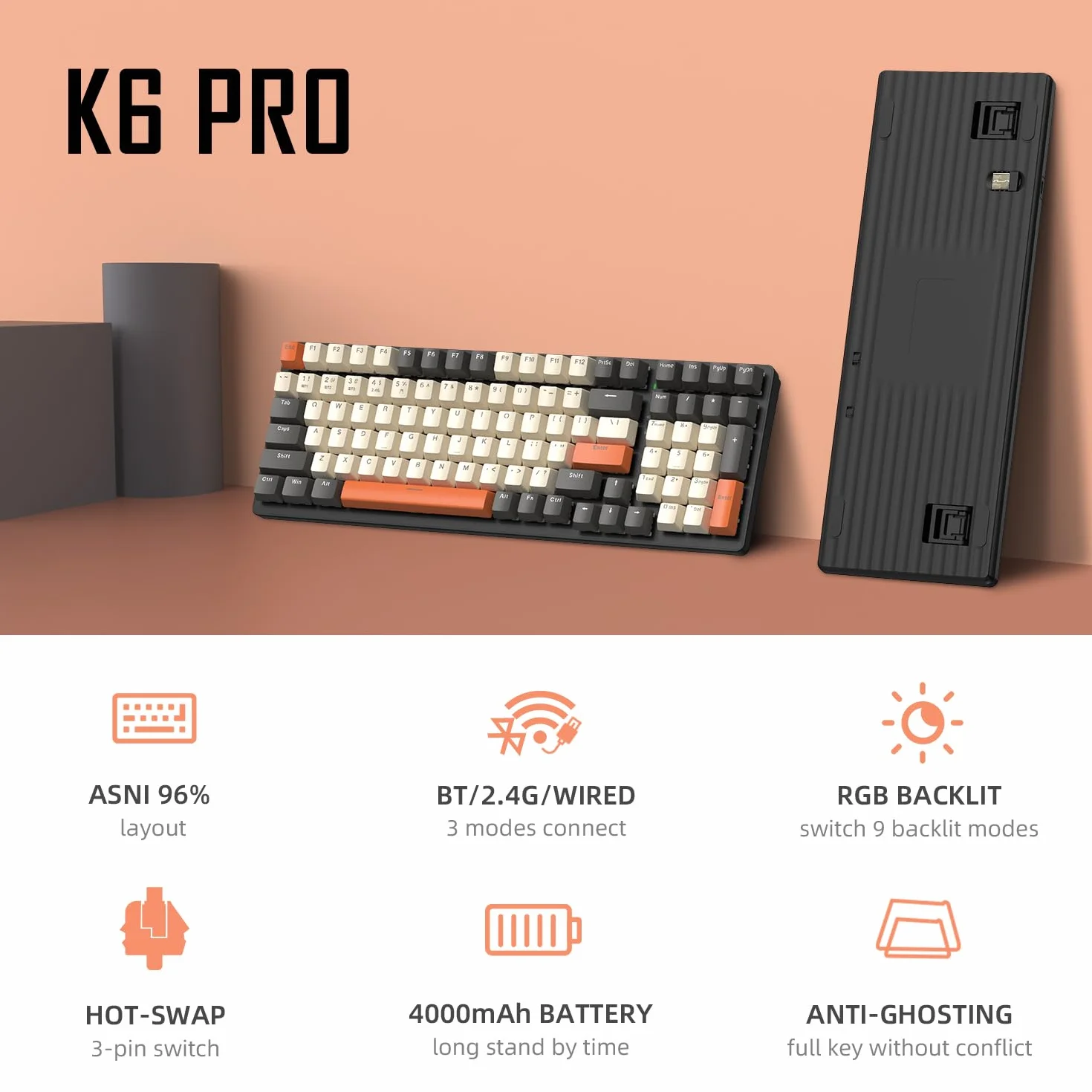 MAMBASANKE K6 Pro 96% 3 tryby Mechaniczna klawiatura do gier Hot Swap 4000 mAh 2,4 Ghz/Bluetooth 5.0 / Klawiatura przewodowa ze spiralnym kablem USB Type-C 9 RGB liniowy czerwony przełącznik-Shimmer