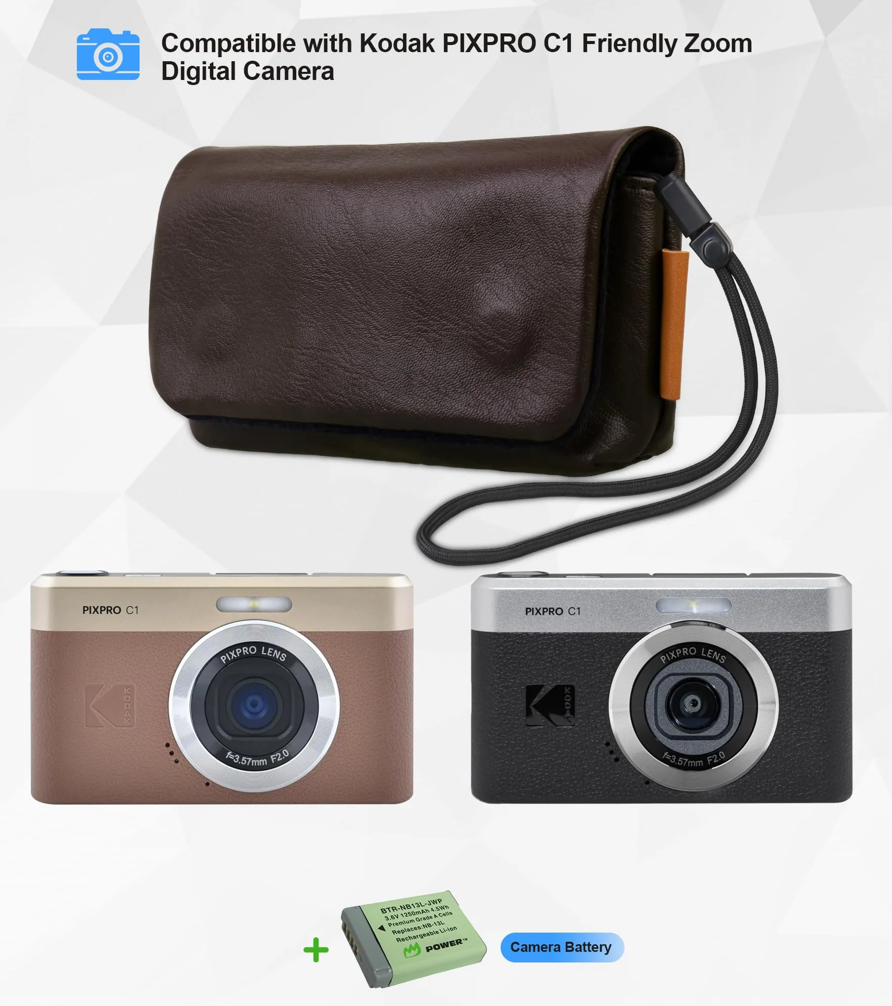 Lacdo Futerał na Aparat Fotograficzny do KODAK PIXPRO C1 Friendly Zoom Digital Camera, Miękkie skórzane ochronne etui aparat, Kompaktowy KODAK PIXPRO C1 Torba na aparat z paskiem na nadgarstek,Brązowy