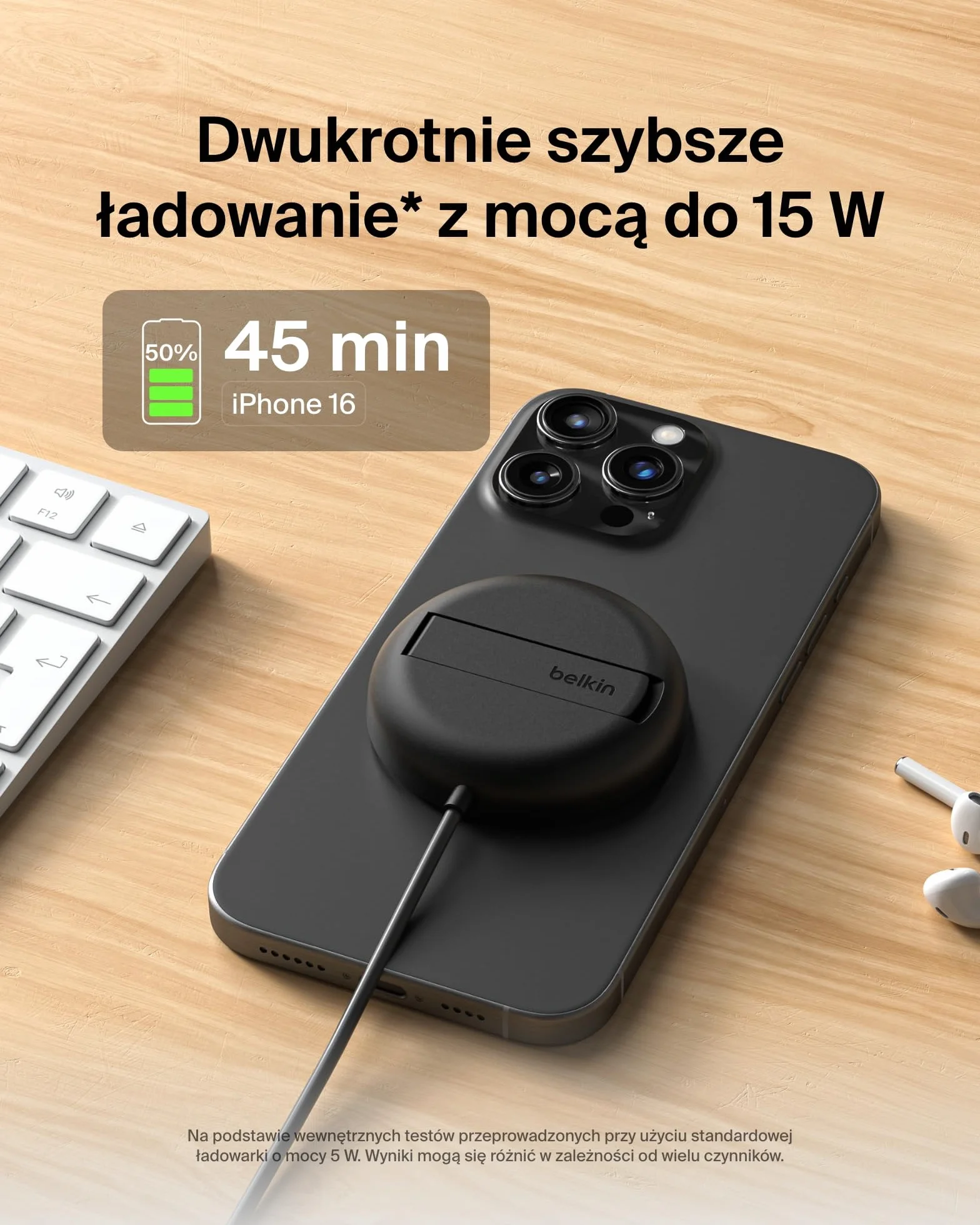 Belkin magnetyczna bezprzewodowa podkładka ładująca 15 W z podstawką – zgodna z MagSafe ładowarka Qi2 do urządzeń iPhone serii 16, Samsung Galaxy serii S25, AirPods i innych brak zasilacza – czarna