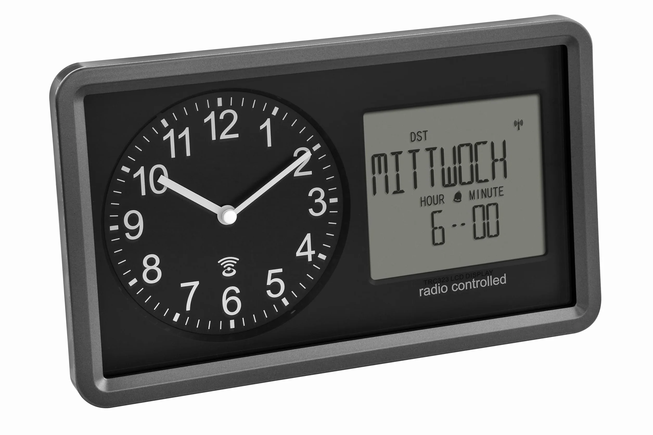 TFA Dostmann Analogowy zegar radiowy z kalendarzem. 60.3552.01, zegar dla seniorów, alarm budzenia i funkcja drzemki, cyfrowy wyświetlacz dnia tygodnia i daty, analogowy zegar stołowy, słabe