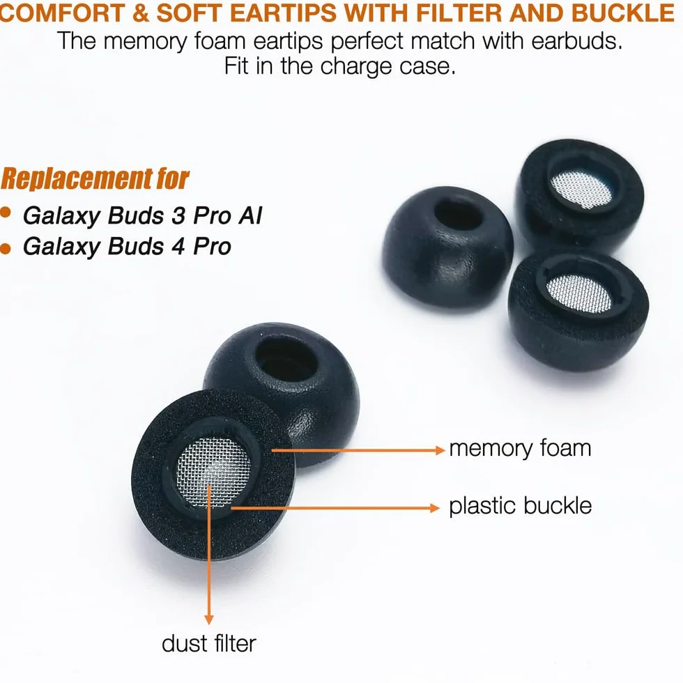 8X Zatyczki do uszu z pianki memory zamiennik do słuchawek Samsung Galaxy Buds 3 Pro AI/Samsung Galaxy Buds 4 Pro - S/M/L/XL