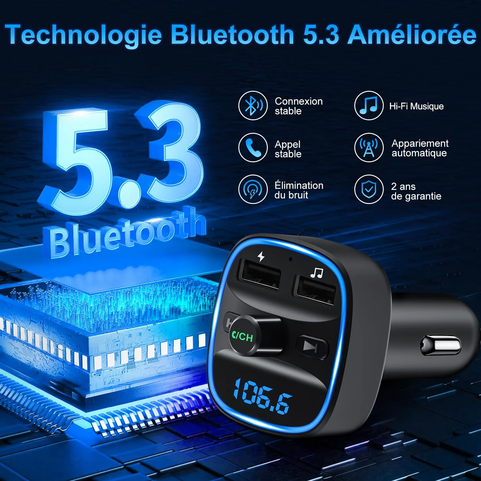 Transmiter Bluetooth 5.3 FM, samochodowy adapter Bluetooth, radio, 2 USB ładowarki LED, samochodowy ładowarka, odtwarzacz muzyczny, zapalniczka z głośnikiem