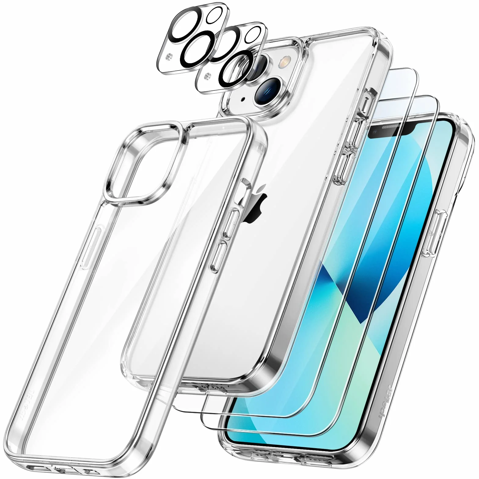 JETech 5 w 1 Etui dla iPhone 13 6,1 Cala, z 2 Sztuki Ochraniacz Ekranu i 2 Sztuki Obiektyw Aparatu Ekran, Nie Żółknie, Folia ze Szkła o Pełnym Pokryciu, Odporna na Wstrząsy Case (Przezroczyste)