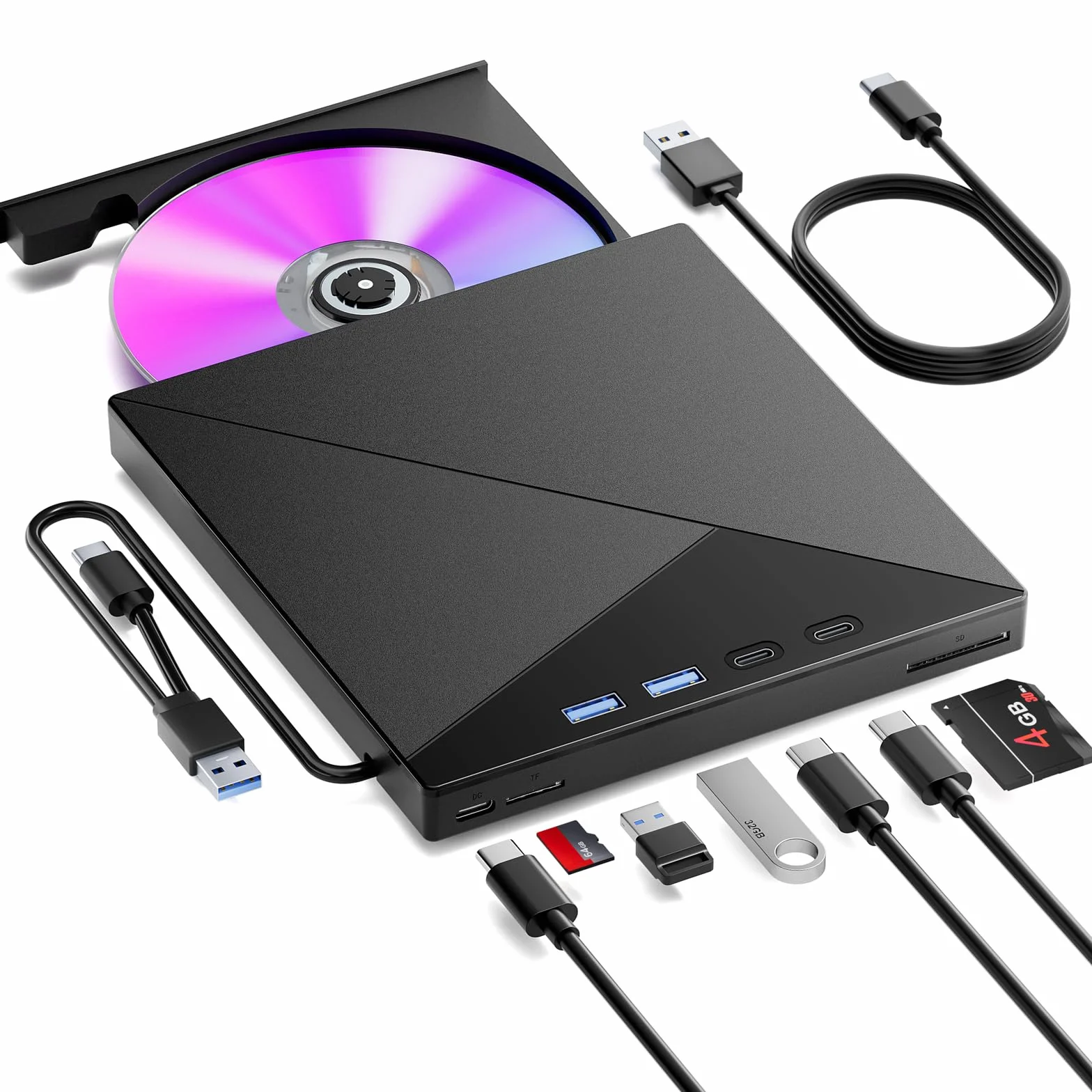 Zewnętrzny napęd CD/DVD Przenośna Nagrywarka Odtwarzacz 7 w 1 | Interfejsem USB 3.0 i Type-C oraz Czytnikiem kart SD/TF i Hubem USB Kompatybilny z Mac/Linux/PC/Laptopa/Windows