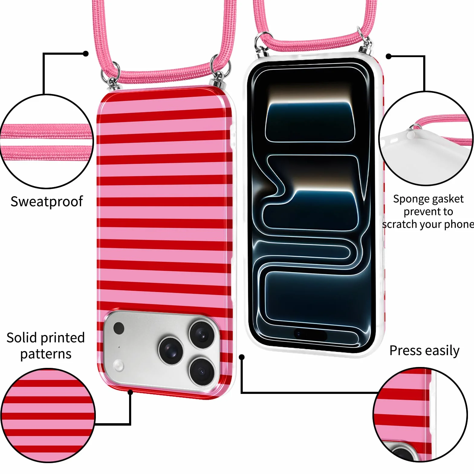 Etui Striped do iPhone 17 Pro Max 6,9" ze sznurkiem, półprzezroczyste silikonowe etui estetyczne, czerwone i różowe paski, wzór, regulowany naszyjnik, etui ze smyczą, odporne na wstrząsy etui