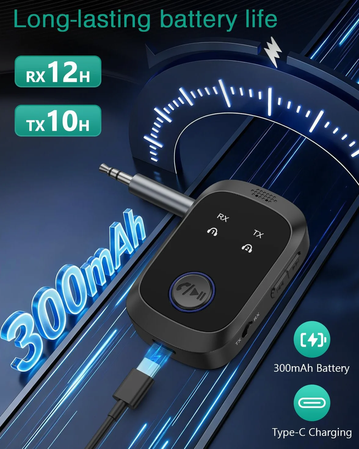 ORIA nadajnik i odbiornik Bluetooth 5.4, przenośny adapter Bluetooth Aux z podwójnym połączeniem, połączenie głośnomówiące, niskie opóźnienie, 3,5 mm bezprzewodowy nadajnik audio do samochodu, TV, PC