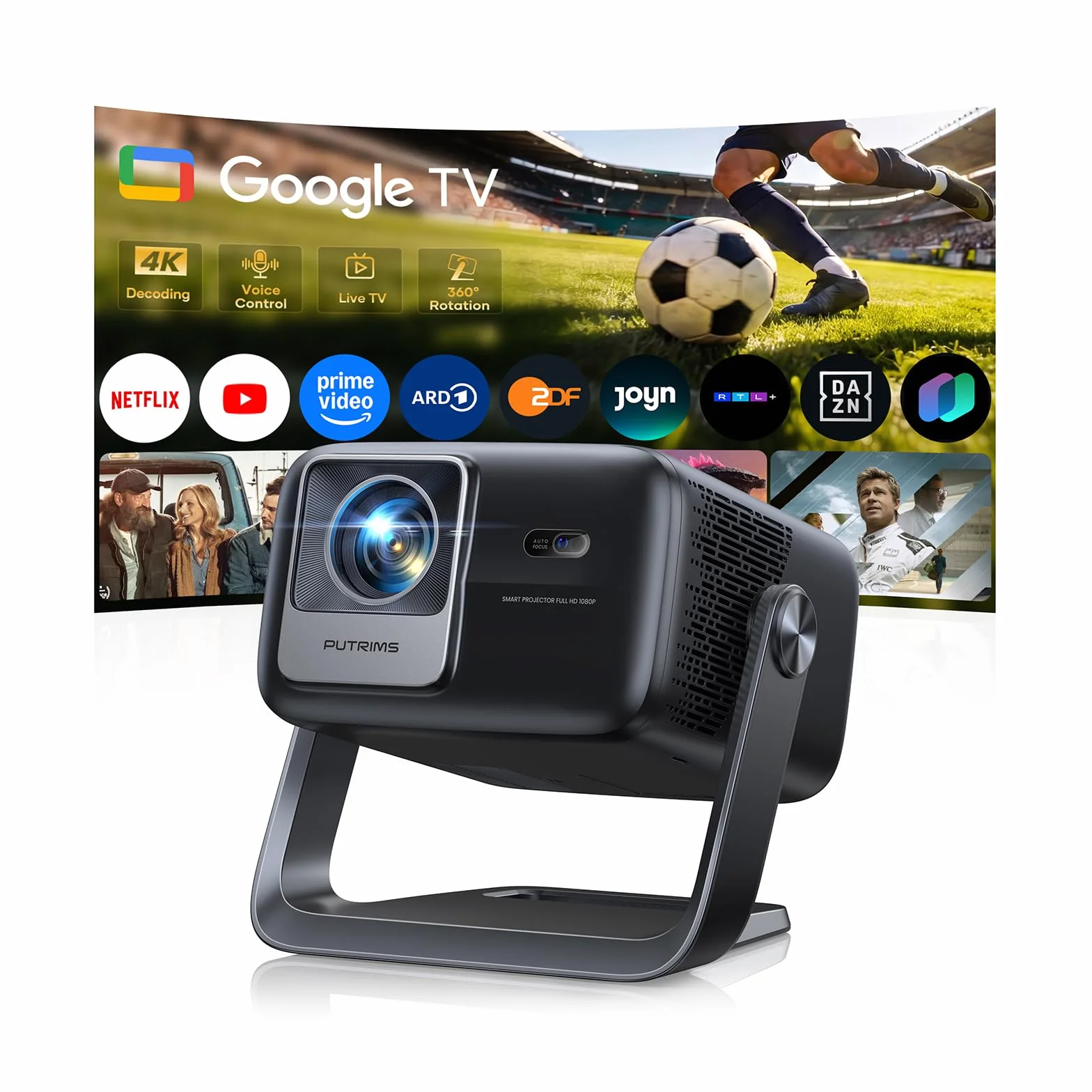 Smart Beamer【Google TV i głośnik 30 W】Projektor kina domowego 4K obsługuje autofokus/korekcję trapezową 6D, HDR10, WiFi Bluetooth Full HD 1080p LED projektor, podstawa obrotowa 360°, projektor
