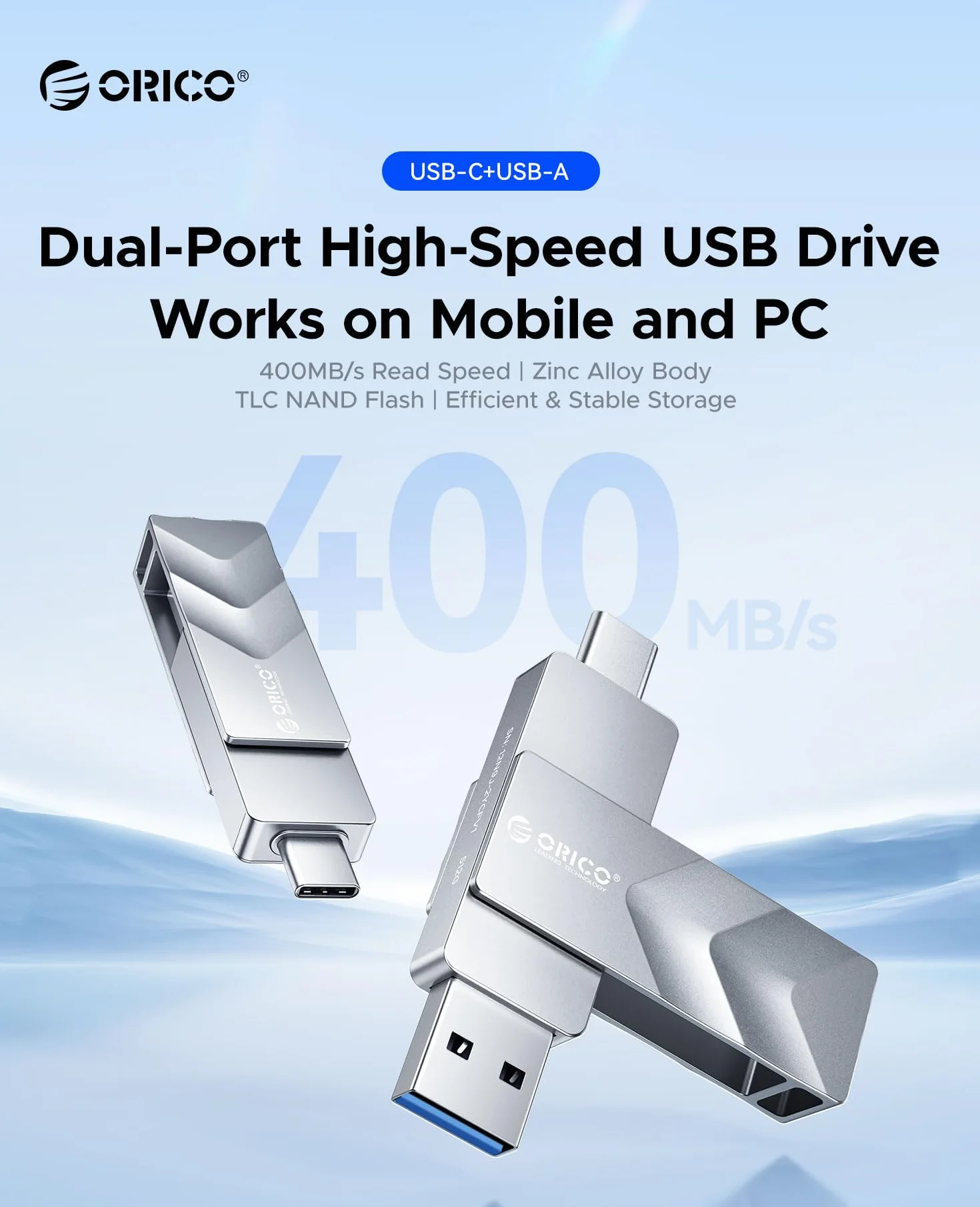 ORICO Zewnętrzny dysk SSD 256 GB USB 3.2, pamięć zewnętrzna do smartfona, prędkość odczytu 400 MB/s i zapis 300 MB/s, podwójne złącze typu C i Type-A, obrotowa konstrukcja, dla iPhone 17, Android i PC