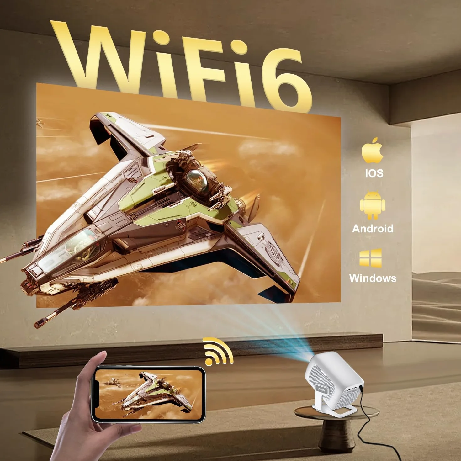 Smart Beamer, 4K FHD 1080p, przenośny projektor wideo, WiFi 6 i BT5.4, autofokus, automatyczny keystone, mini projektor z systemem Android 14.0, kino domowe, regulowana podstawka 180°, biały