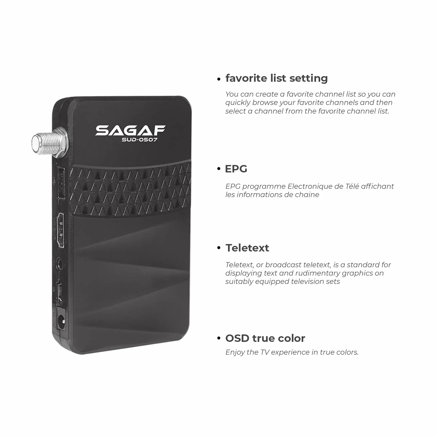 Sagaf SUD-0507 Mini odbiornik satelitarny DVB-S2 Full HD 1080p