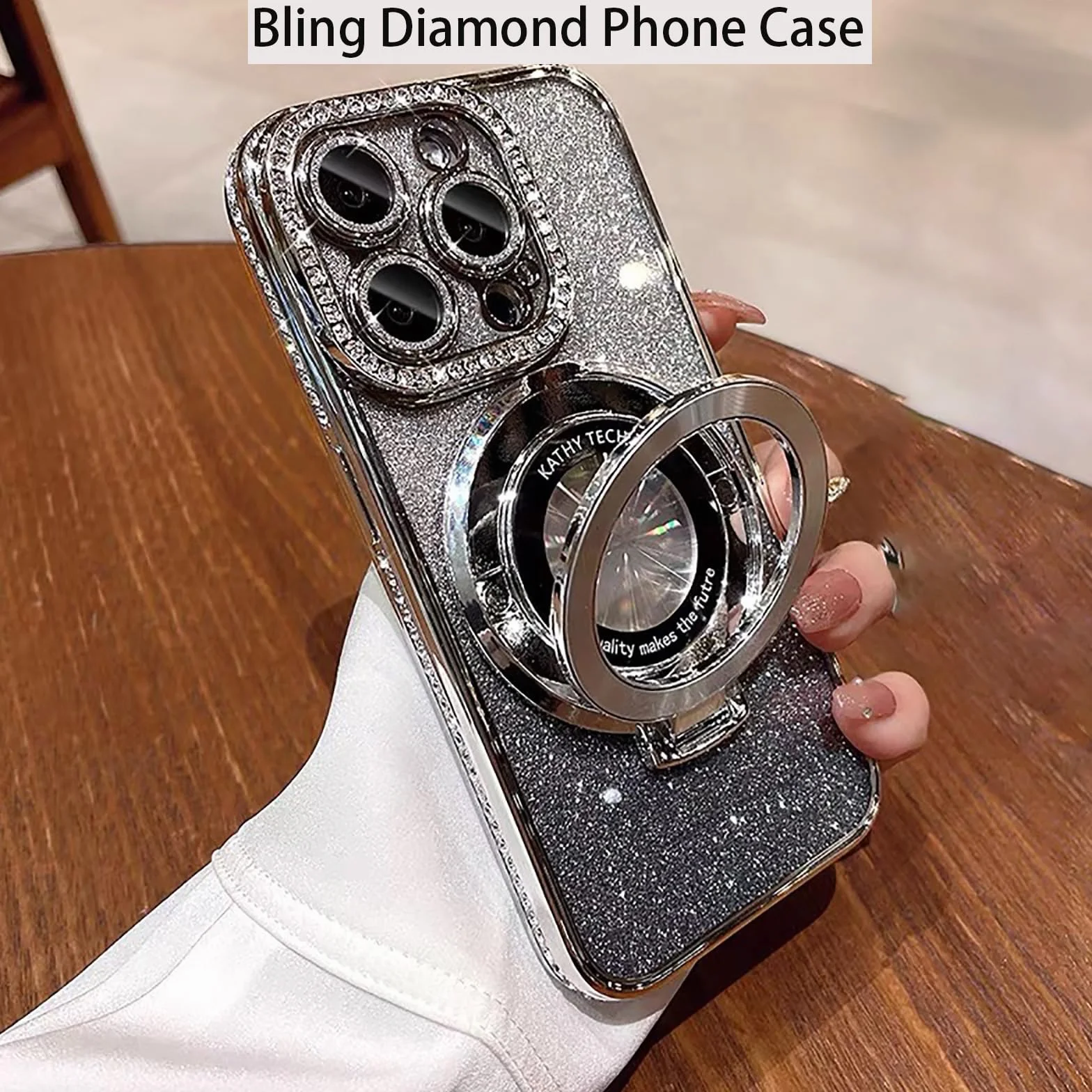 Magnetyczne etui z podpórką do iPhone'a 16 Pro Max, z brokatową osłoną soczewek, kompatybilne z Magsafe, luksusowe błyszczące diamentowe etui, brokatowe etui na telefon z kryształami górskimi (dla