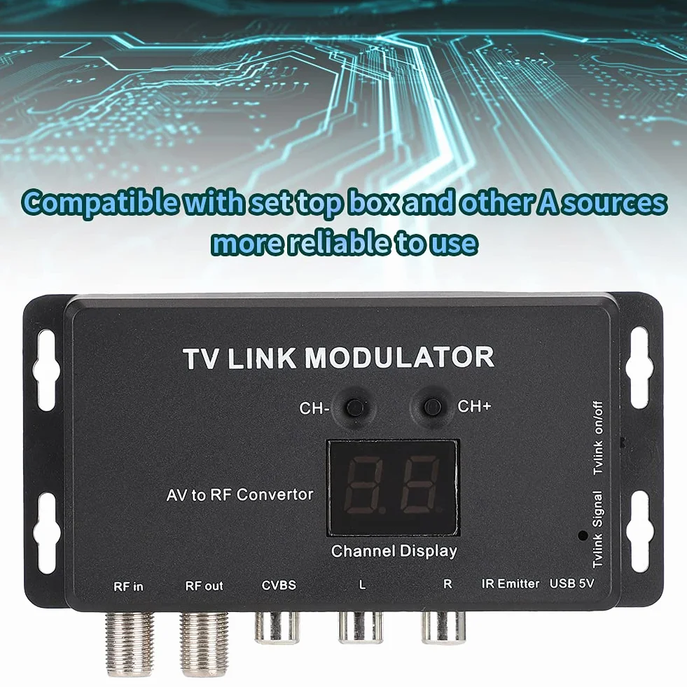 ASHATA UHF modulator, TM70 UHF TV LINK Modulator Konwerter AV na HF Przedłużacz podczerwieni z wyświetlaczem kanałów, obsługuje PAL/NTSC z kablem USB do ładowania laptopa