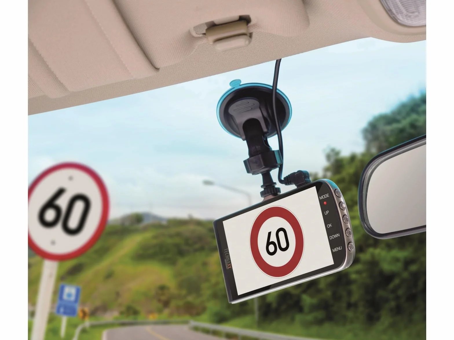 Technaxx FullHD samochodowy rejestrator Dashcam szeroki kąt rozpoznawanie znaku prędkości przednia kolizja i wyjazd z pasa ruchu ostrzeżenia G-Sensor kamera monitorująca pojazd TX-167