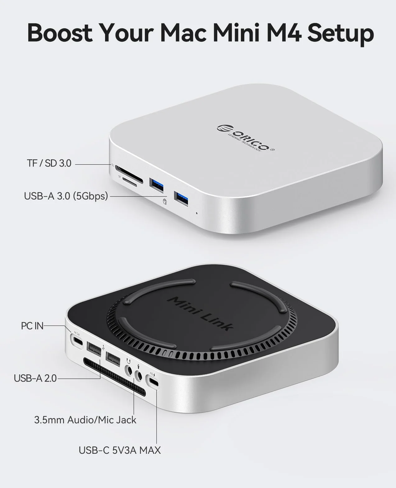 ORICO MiniLink Mac mini M4 Hub, port USB 3.0 5 Gb/s, czytnik kart SD 3.0/TF 3.0, gniazdo słuchawkowe 3,5 mm i gniazdo mikrofonowe (M48P)