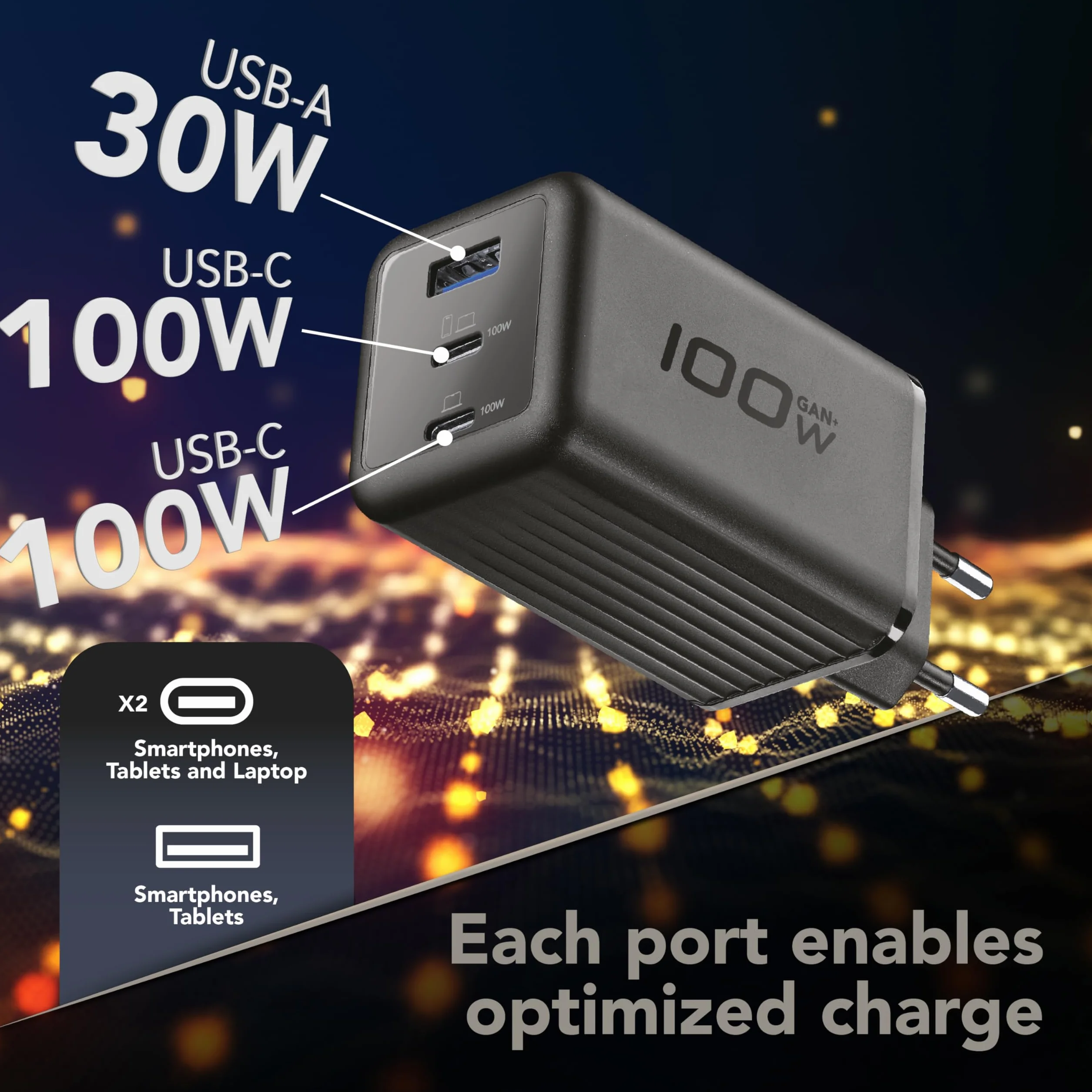 Cellularline GaN+ Multipower ładowarka sieciowa 100 W z 2 portami USB-C Power Delivery, 1 x USB-A Quick Charge 30 W, ładowanie jednocześnie, kompaktowa, czarna