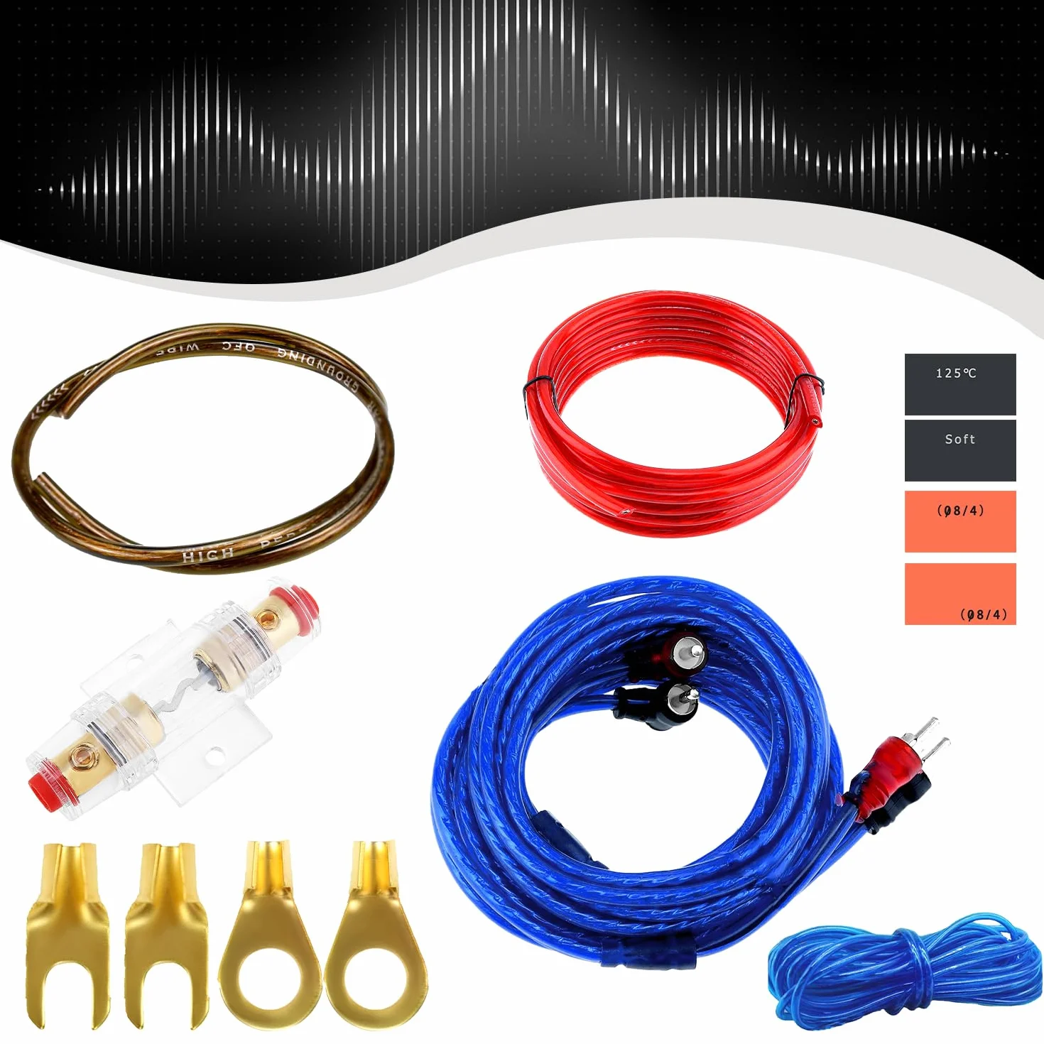 Abnaok Zestaw kabli do wzmacniacza samochodowego 10 GA, zestaw kabli do wzmacniacza samochodowego, wzmacniacz końcowy, kabel 1500 W, przewód audio, zestaw instalacyjny, wzmacniacz samochodowy
